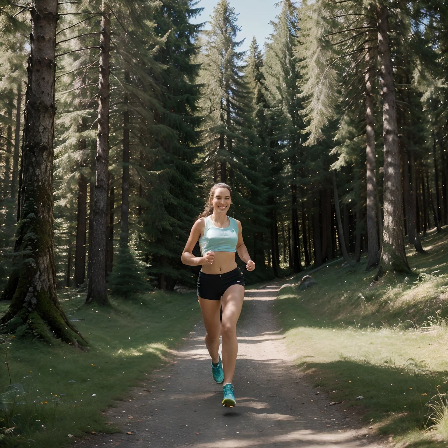 high resolution, (Offizielle Kunst, beautiful and aesthetic: 1.2), Nahaufnahme, Weite Welt, Kizi, running, Refreshing smile, langer Rock, Ferner Horizont, Wald, natural beauty, Inspiration, Lichteffekt