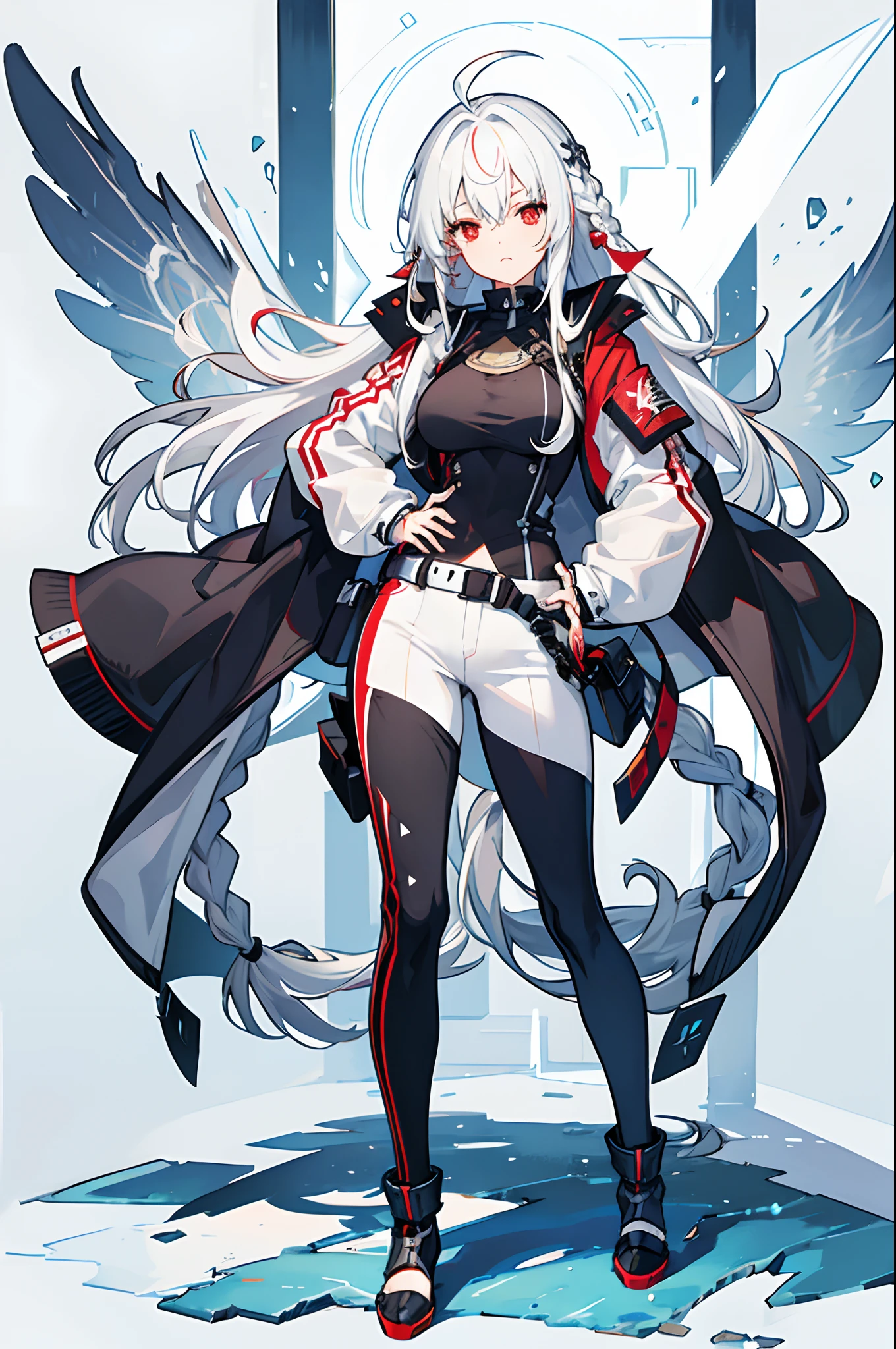 masterpiece,(bestquality),highlydetailed,ultra-detailed, cold, 1girl, bishoujo, stare, red eyes, beautiful detailed eyes, long hair, white hair, silver hair, Wing-like bangs, Dull hair, ahoge, Hair rings, braid, alternate costume, black pants, breasts, full body, hand on hip, jacket, large breasts, long hair, looking at viewer, pants,  red eyes,  (expressiveless), simple background, solo, standing, very long hair, white background