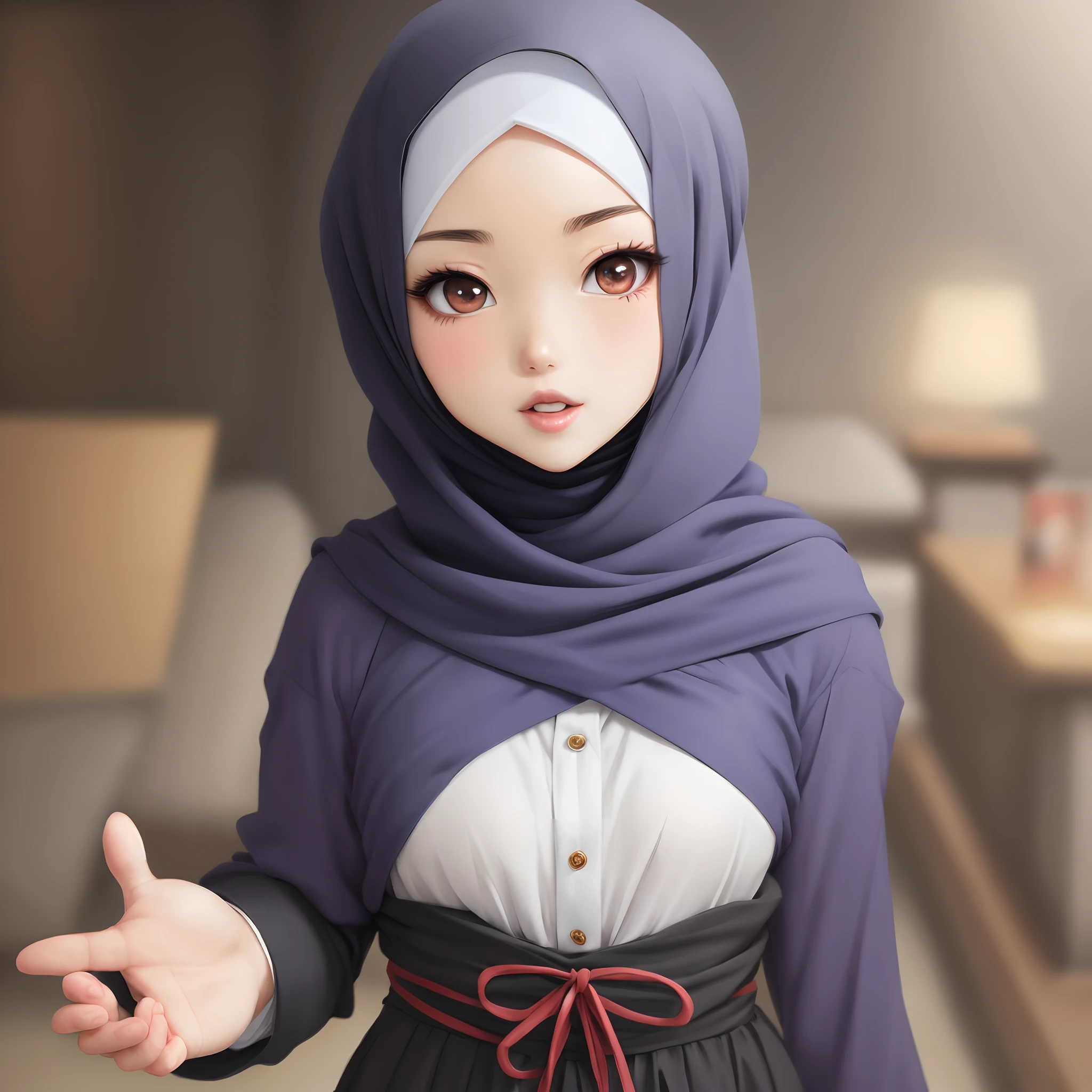 Girl, with hijab, naked, completely natural in anime style, black eyes