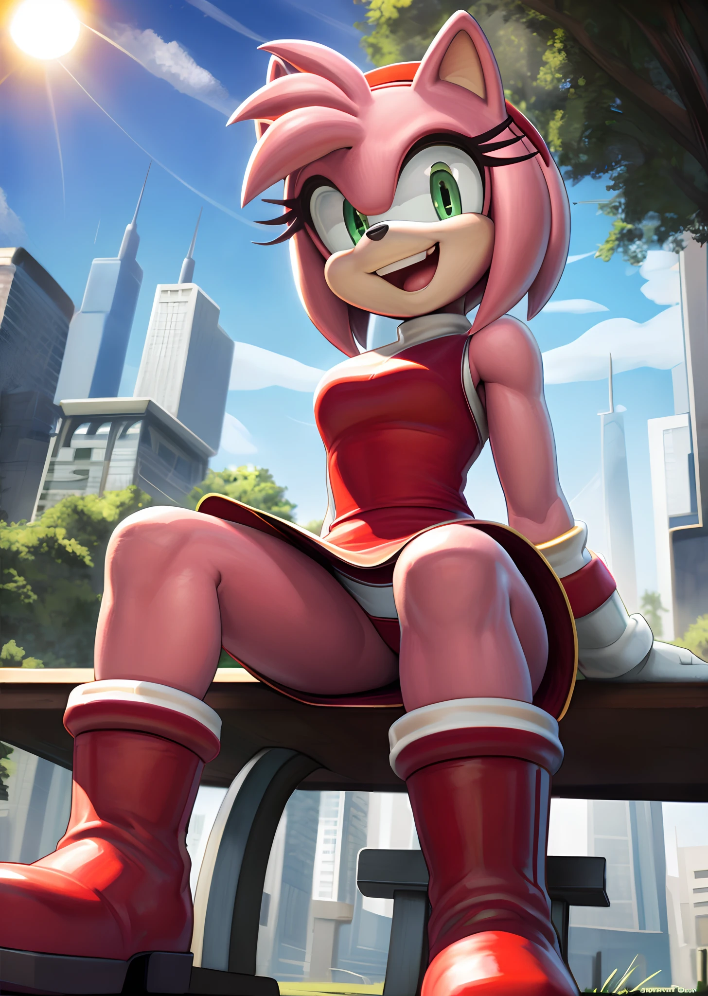 [Amy Rose], [sonic the hedgehog \(series\)], [Uploaded to e621.net; (Pixelsketcher), (wamudraws), (napalm_express)], ((masterpiece)), ((HD)), ((high quality)), ((solo portrait)), ((front view)), ((full body)), ((detailed fur)), ((detailed shading)), ((cel shading)), ((beautiful render art)), ((intricate details)), {anthro, (slim figure), (pink fur), black nose, animal ears, cute green eyes, short hair, headband, short tail, (gorgeous hips), (beautiful legs), (excited smile), (mouth open)}, {(short red dress white lining), (red knee-high boots), (white stripes on boots), (upskirt white panties)}, {(sitting on bench), (arms at side), (pigeon-toed), (looking at viewer)}, [background; (city), (park), (blue sky), (sun rays)]