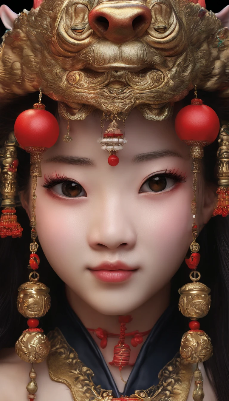 Traditional Chinese culture，1girll，lion dance，Awaken the lion，characteristic，The facial features are delicate and beautiful，The black and red lion head is worn on the head，Dance the lion's head dance with both hands，jubilation
