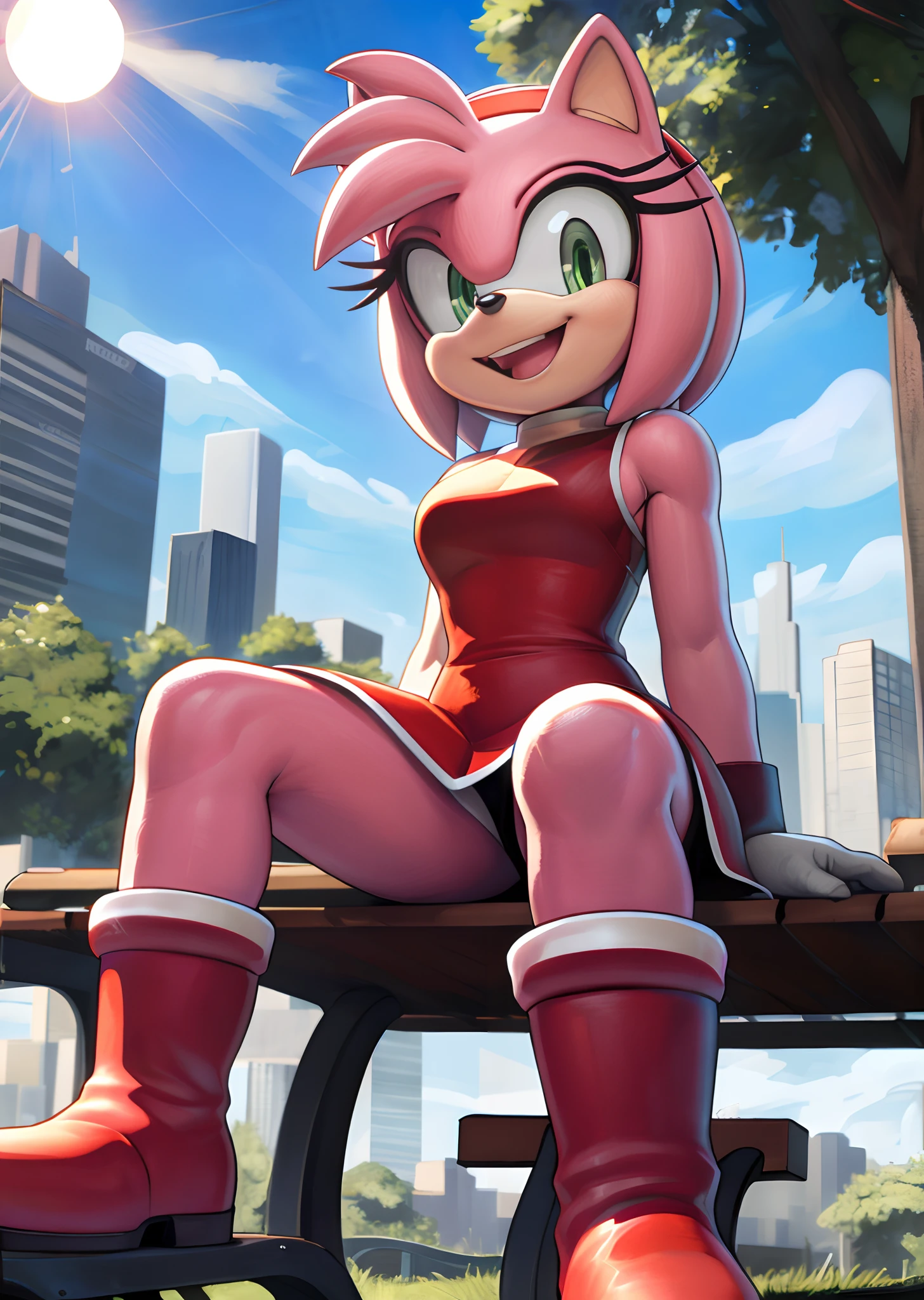 [Amy Rose], [sonic the hedgehog \(series\)], [Uploaded to e621.net; (Pixelsketcher), (wamudraws), (napalm_express)], ((masterpiece)), ((HD)), ((high quality)), ((solo portrait)), ((front view)), ((full body)), ((detailed fur)), ((detailed shading)), ((cel shading)), ((beautiful render art)), ((intricate details)), {anthro, (slim figure), (pink fur), black nose, animal ears, cute green eyes, short hair, headband, short tail, (gorgeous hips), (beautiful legs), (excited smile), (mouth open)}, {(short red dress white lining), (red knee-high boots), (white stripes on boots)}, {(sitting on bench), (arms at side), (pigeon-toed), (looking at viewer)}, [background; (city), (park), (blue sky), (sun rays)]