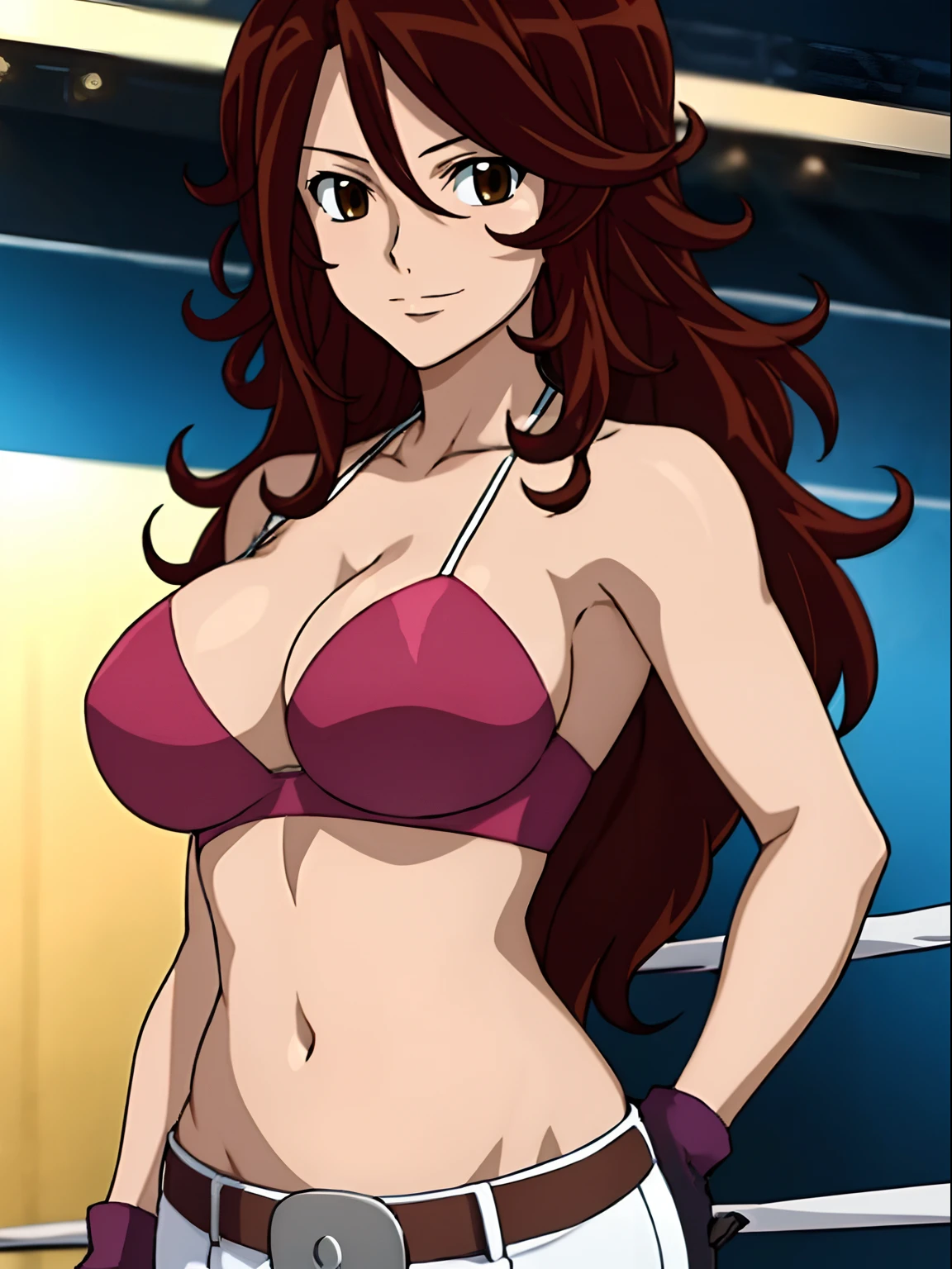((solo)), Best Quality, hires, curvy midsection, strong woman, female wrestler, smile, happy), upper body only, anime style: 1.8, anime drawing, ultra detailed face, ultra detailed body, 4k, Sumergai Lee Noriega, (standing), best quality, anime style, hires, highest definition, digital blending, bold drawing lines, (((White Background))), ( pro female wrestler, long attractive belly, slim body, (strong arm muscles), broad shoulders , off-shoulders, closed fists, (very curvy: 2.8)), (strapless, shorts, white gloves, arm band, arm band, (champion belt))), (pale skin, big breasts, closed mouth), (big eyes, brown eyes, shiny eyes), (reddish hair, loose hair, curly hair, wavy hair, long hair, missy hair), 27 years old