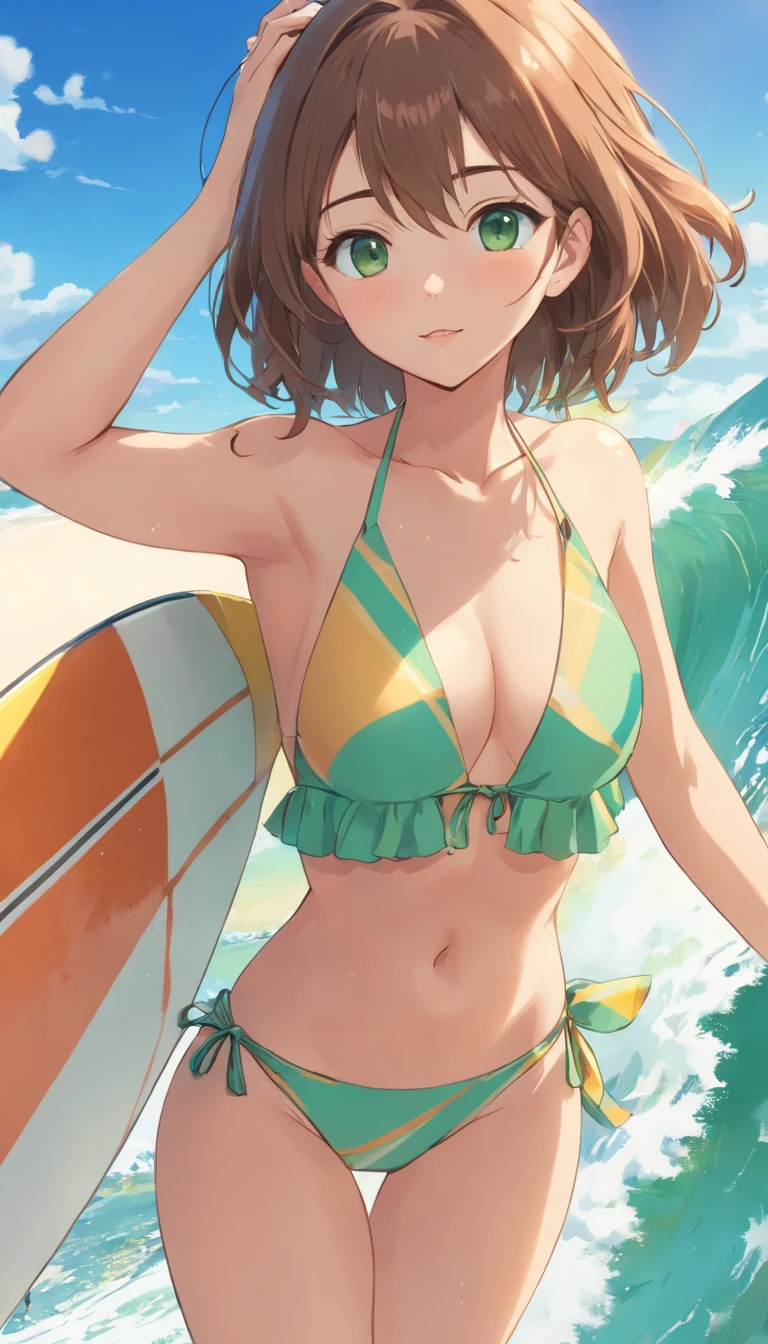 1girl, (anime, 8k, master part, Qualidade Superior, best quality, Beautiful and Aesthetic, professional illustration, ultra detalhe, perfect lighting, sombreamento perfeito, Nitidez perfeita), {(Cor do cabelo, Estilo de cabelo, cabelo bonito, cabelo detalhado)}, {(Cor dos olhos, Olhos detalhados, Olhos bonitos)}, {(Rosto detalhado, nariz detalhado, boca detalhada, cara bonita)}, {(TIPO DE CORPO E COR DA PELE, Corpo Perfeito, perfect arms, perfect hands, pernas perfeitas, corpo detalhado, Corpo bonito)}, {(Clothes, roupas detalhadas, Roupas bonitas)}, {(Position, Action, expression)}, {(Landscape, Paisagem ultra detalhada, Paisagem muito bonita, paisagem de alta qualidade)}, {(((anatomia perfeita, bikini, cabelos longos verdes, praia, surfista)))}