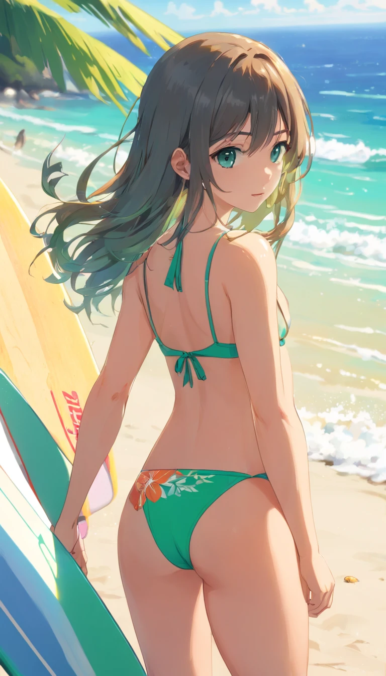 1girl, (anime, 8k, master part, Qualidade Superior, best quality, Beautiful and Aesthetic, professional illustration, ultra detalhe, perfect lighting, sombreamento perfeito, Nitidez perfeita), {(Cor do cabelo, Estilo de cabelo, cabelo bonito, cabelo detalhado)}, {(Cor dos olhos, Olhos detalhados, Olhos bonitos)}, {(Rosto detalhado, nariz detalhado, boca detalhada, cara bonita)}, {(TIPO DE CORPO E COR DA PELE, Corpo Perfeito, perfect arms, perfect hands, pernas perfeitas, corpo detalhado, Corpo bonito)}, {(Clothes, roupas detalhadas, Roupas bonitas)}, {(Position, Action, expression)}, {(Landscape, Paisagem ultra detalhada, Paisagem muito bonita, paisagem de alta qualidade)}, {(((anatomia perfeita, bikini, cabelos longos verdes, praia, surfista)))}