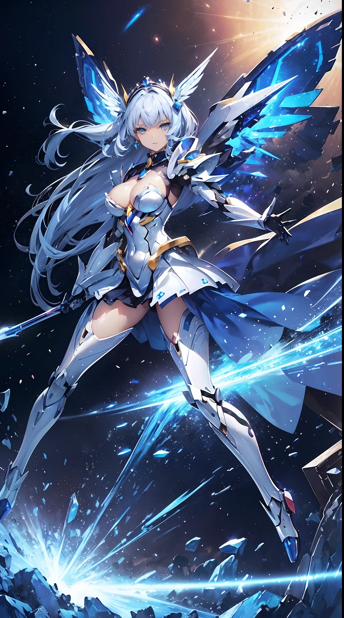 ((masutepiece)), ((Highest Quality)), (超A high resolution), superfine illustration, Highly detailed face, Raw photo, Professional, Ultra-fine painting, Detailed metal texture, Detailed Cloth Texture, Sexy, realisitic, (Solo), ((Mecha Angel Woman in Clothes)), Beautiful breasts, Concept art, (Battle Pose), detailed fantasy art, (Silver hair), ((Has large sapphire blue mecha wings)), (Detailed beautiful eyes:1.6), (机器人: 1.6) Sleek and menacing design, (actionpose), (Marshal's exclusive pearl white and sapphire blue Hi-ν Gundam type armor dress), Starry sky, Perfect Anatomy