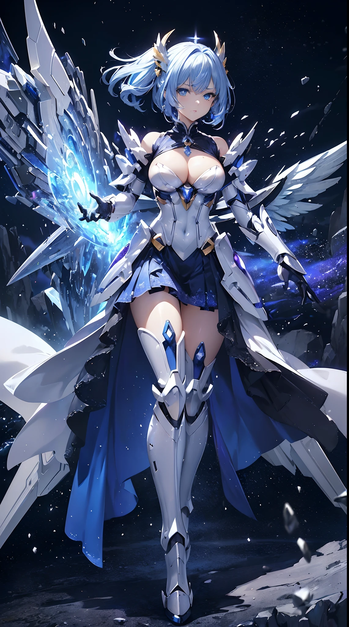 ((masutepiece)), ((Highest Quality)), (超A high resolution), superfine illustration, Highly detailed face, Raw photo, Professional, Ultra-fine painting, Detailed metal texture, Detailed Cloth Texture, Sexy, realisitic, (Solo), ((Mecha Angel Woman in Clothes)), Beautiful breasts, Concept art, (Battle Pose), detailed fantasy art, (Silver hair), ((Has large sapphire blue mecha wings)), (Detailed beautiful eyes:1.6), (机器人: 1.6) Sleek and menacing design, (actionpose), (Marshal's exclusive pearl white and sapphire blue Hi-ν Gundam type armor dress), Starry sky, Perfect Anatomy