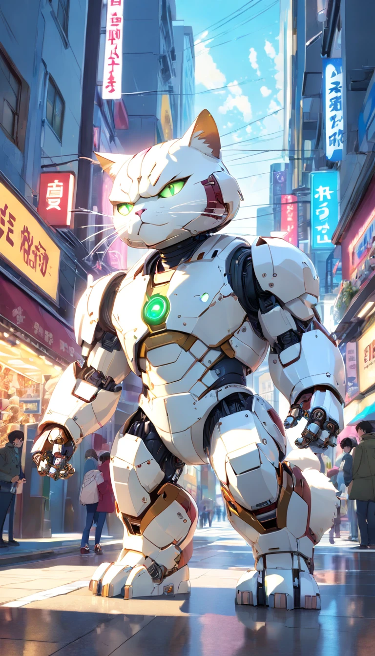 (((Giant Cat Robotic Mecca Inspired by Hulkbuster, white color:1.3))) (Blind box toy style:1.2), (full body shot), a cute transparent robot cat in street, Mech transparent, glasses:1.2, Cyberpunk, dreamy glow, luminous neon lights, clean, white background, (Global Illumination, Ray Traching, HDR, unrealistic rendering, reasonable design, high detail, master piece, best quality, hyper HD, cinematic lighting)