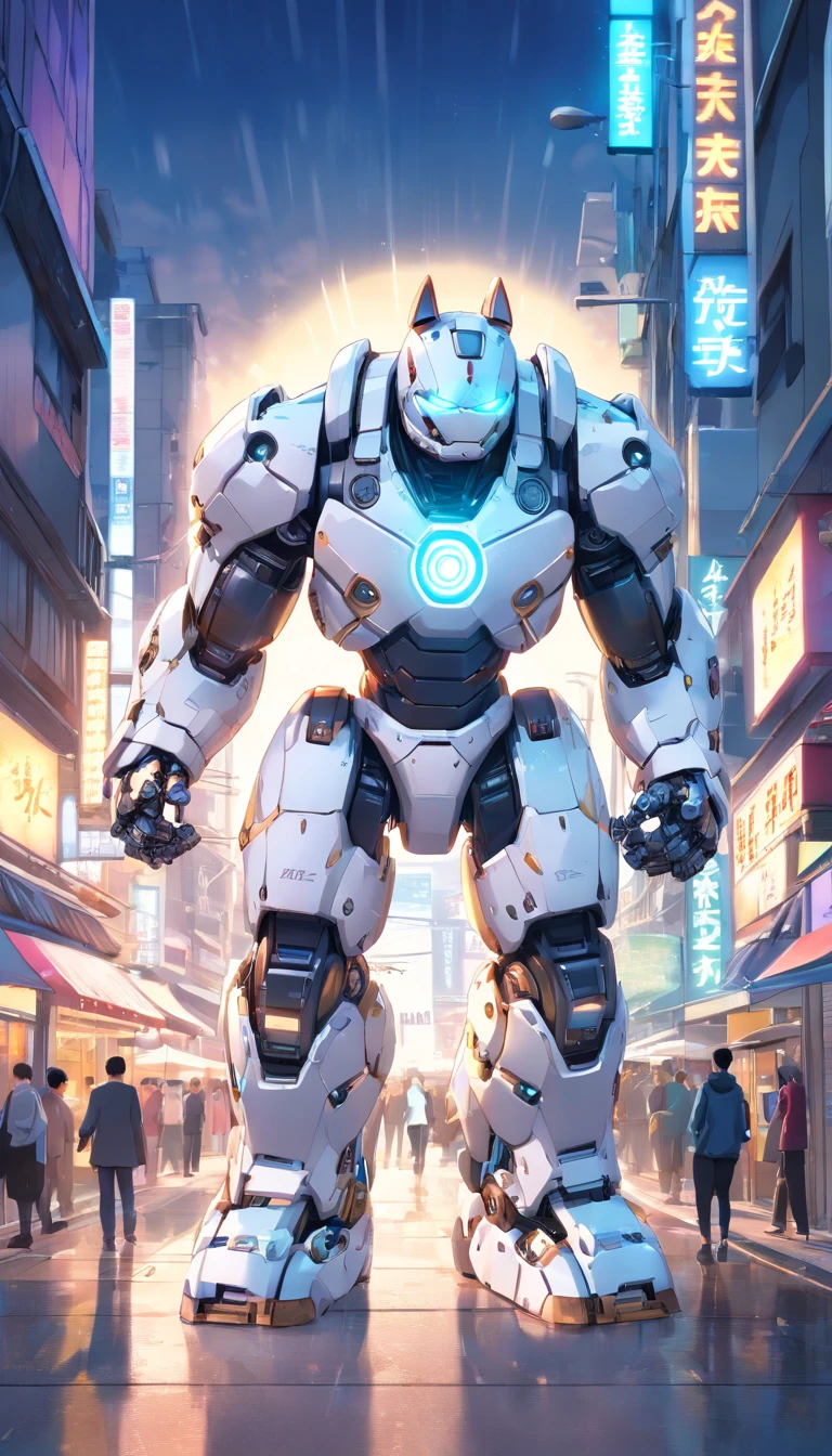 (((Giant Cat Robotic Mecca Inspired by Hulkbuster, white color:1.3))) (Blind box toy style:1.2), (full body shot), a cute transparent robot cat in street, Mech transparent, glasses:1.2, Cyberpunk, dreamy glow, luminous neon lights, clean, white background, (Global Illumination, Ray Traching, HDR, unrealistic rendering, reasonable design, high detail, master piece, best quality, hyper HD, cinematic lighting)