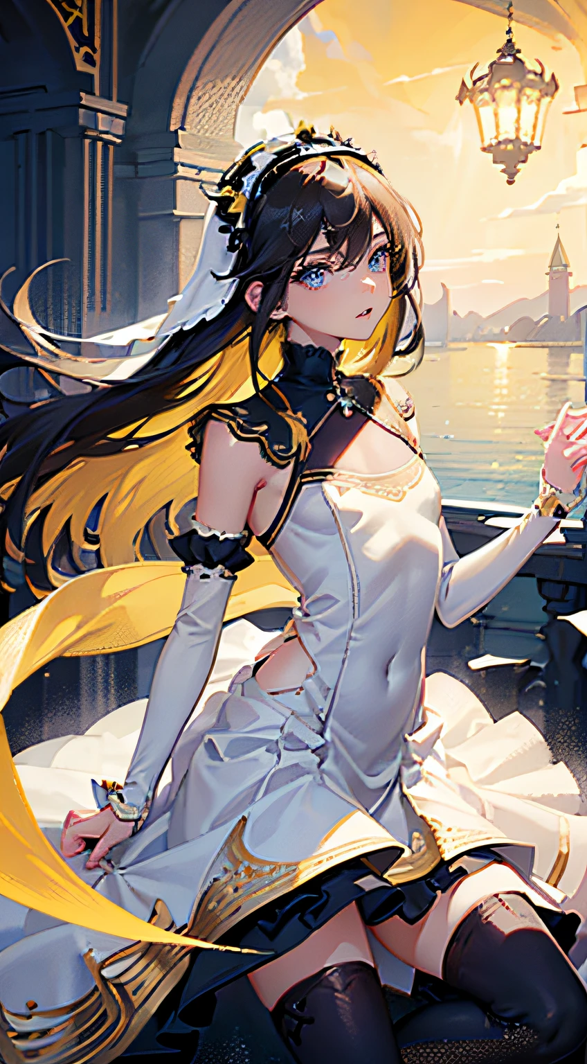 (Masterpiece),(of the highest quality),((long hair:1.3)),(((Wearing a yellow headband in her hair:1.3))),Gorgeous skirt,Soft Focus,Very stunning and gorgeous mature woman,Do not wear maid headbands,(Black hair),(Solo),(((White costume:1.3))),(((All Gothic ta costumes are white cloth:1.3))),((Dress-type costumes)),Elegant and elegant Gothic Loliave a bouquet of white flowers,Stretching the body,Relaxed,Venice,chapel,Large space,Inside the cathedral with high ceilings,Bust-up composition, Built for cameras,oriented,Awe-inspiring scenery,((small udder)),((skinny thigh)),Soft skin, High school students,Tall,Mature body,Nice big blue eyes, (High detail eyes),A look of compassion,Eyes open,Looking at the camera, Glittering decoration based on white,Stylish atmosphere,Beautiful scenery,Overhead configuration, f lare, Fine Features, Perfect Anatomy Tommy, Centered, Perfect distance, Highly detailed, with an intricate, acurate, Highly detailed rich colors, taming, Rich colors, clean, Rich colors, elaborate details, golden ratio illustrations