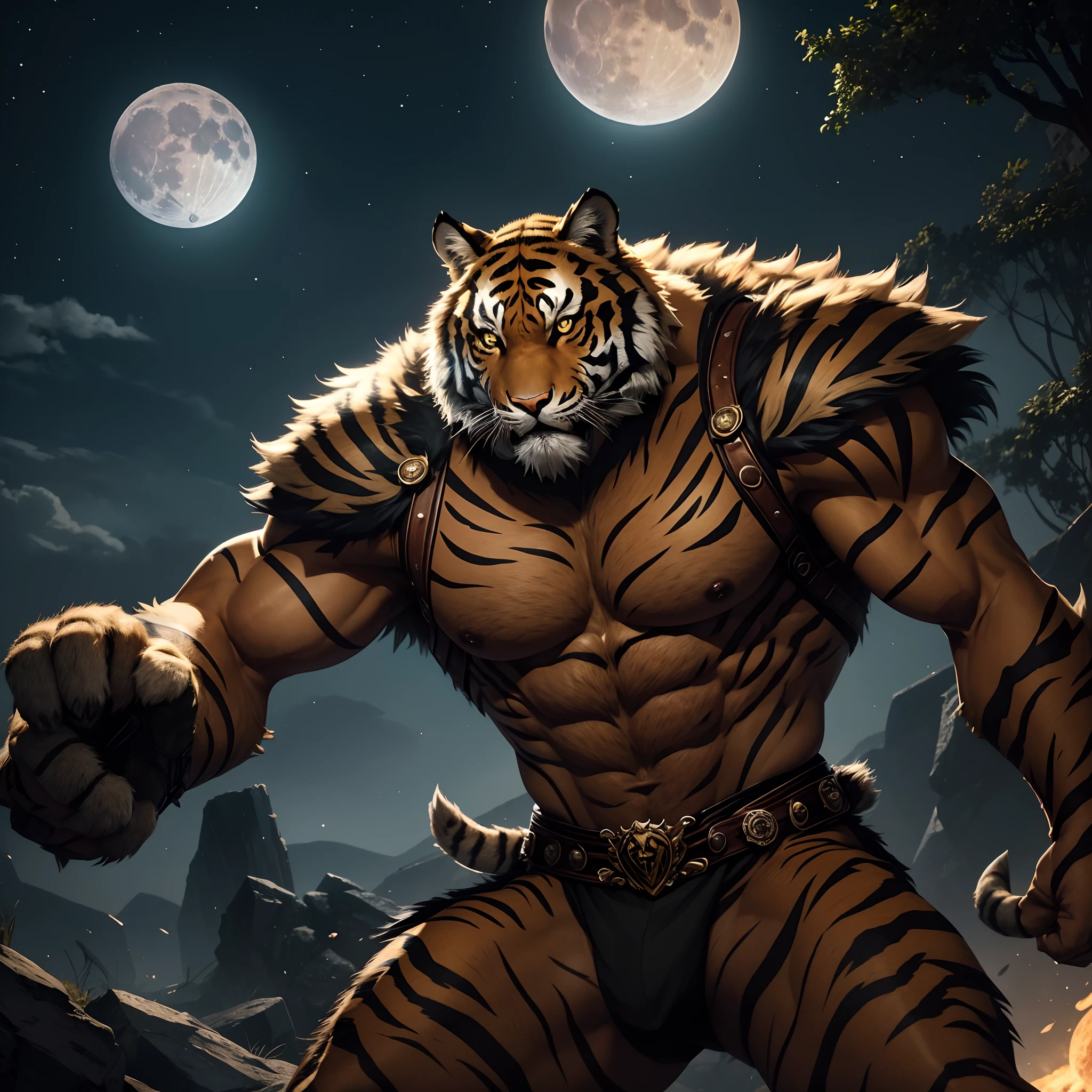 Homem Tigre Lunar: Create a cartoon character that combines features of a tiger and wolf man looking at the moon. He must have a mysterious, feline appearance, com pelagem prateada e olhos brilhantes como a lua. He must wear gladiator's armor and a wielded axe in his hands.