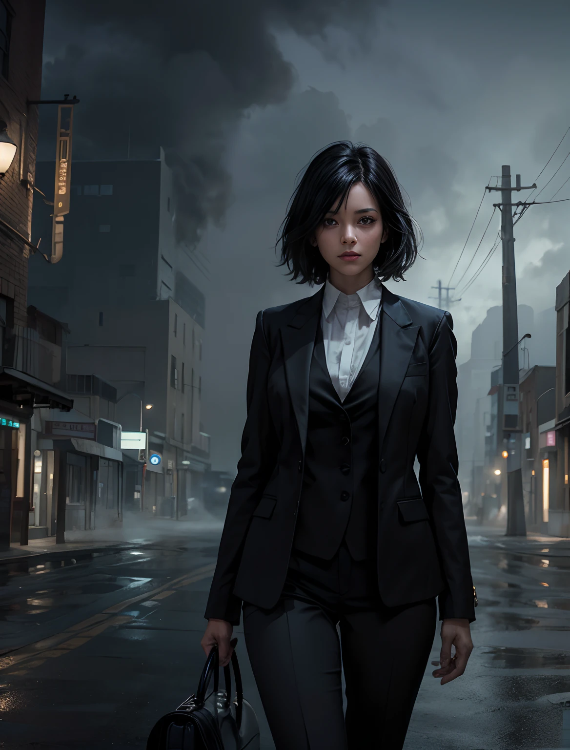 Beautiful woman standing alone in a deserted town. Image showing her face from the front. She wears a black business suit. Black hair, Shoulder length. It was night, And the surroundings were covered with fog. 8K image quality.