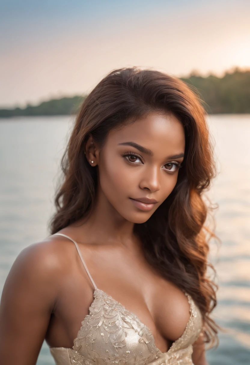 dark brown skin, beautiful face, afro hair, natural afro, long hair, african tribal theme, ((crystal clear hazel eyes:1.2)), detailed eyes, beautiful eyes, ((masterpiece, UHD, 8K)), Depth of field, jamaican trees, cleavage, large breasts, focus on eyes, breasts popping out, detailed skin, texture skin, sexy shoulders, golden brown tan, highly detailed skin, long eyelashes, black mascara, perfect face, make photos of her on the boat