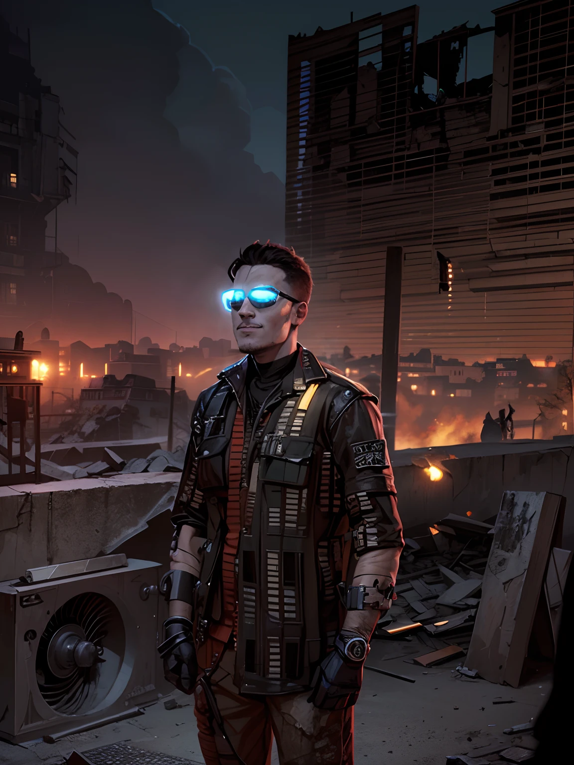(side view, ruins, darkness, night, post apocalyptic), menacing phantom fighting with a ghost hunter, same to same face, real face, real same face, smile boy