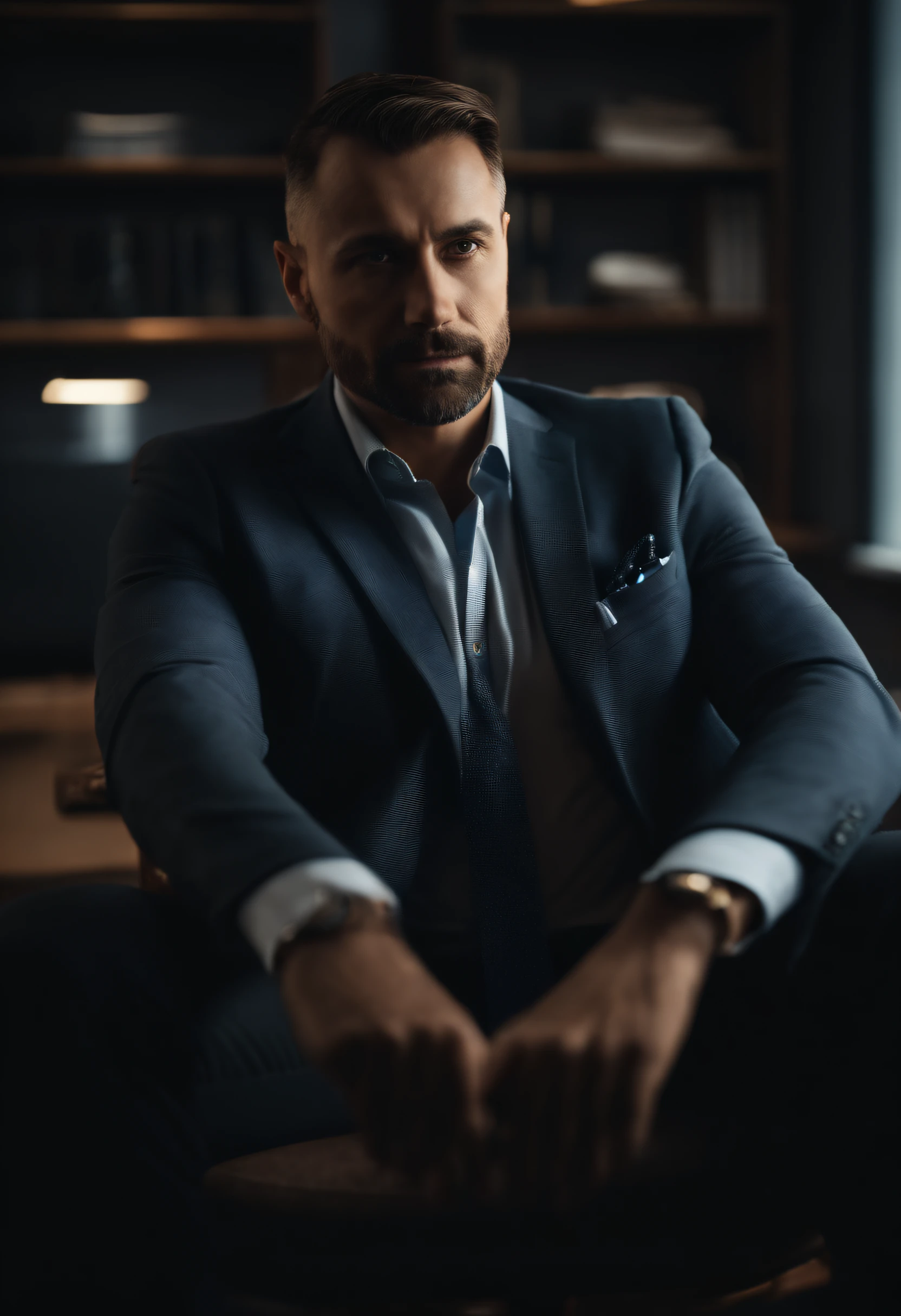 Successful man in the office sitting like an alpha
