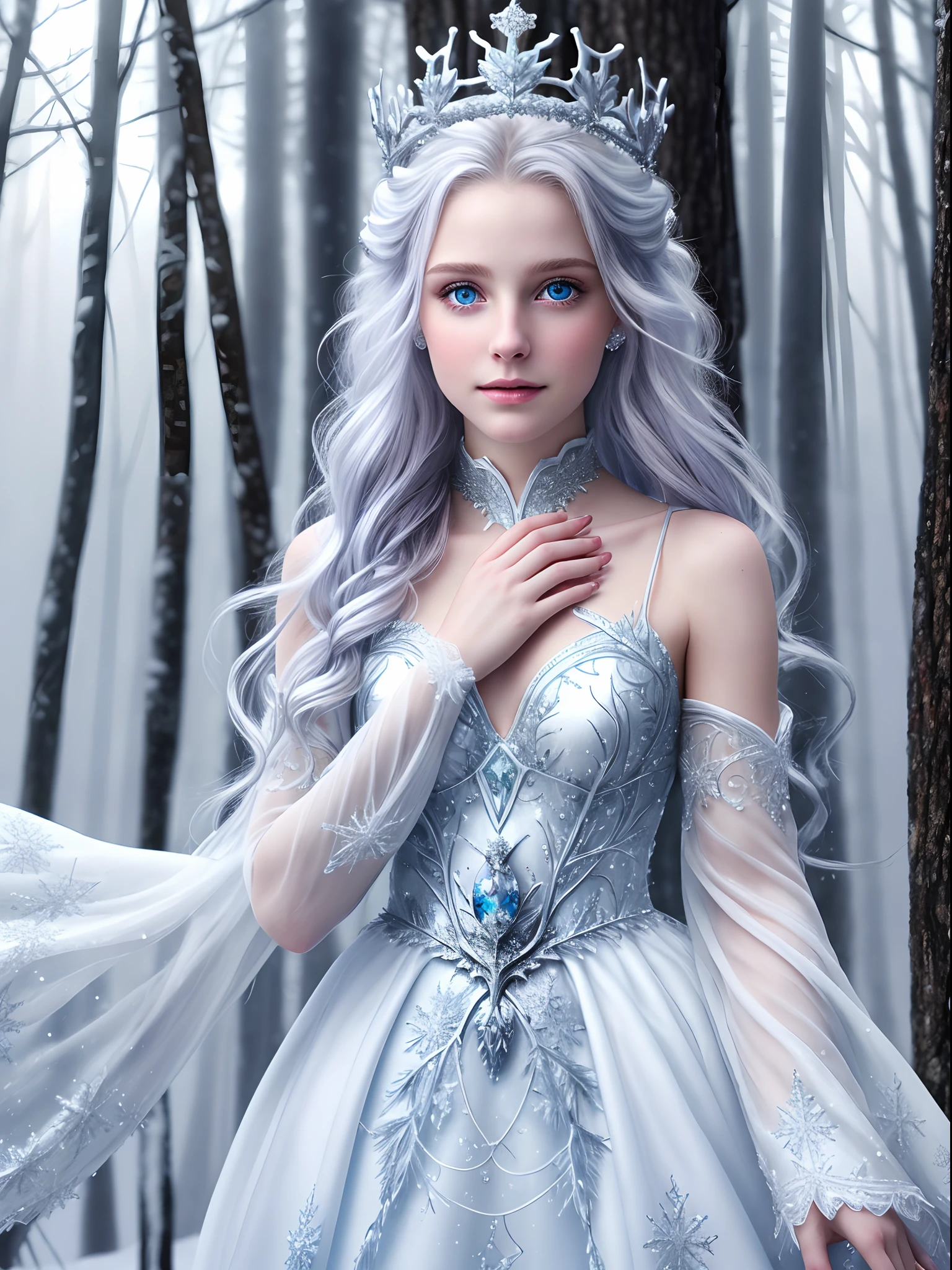 Realistic, photorealistic, Snow winter fairy, gentle beautiful 19 years old woman, in mystic winter forest, ice silver hair, small crown of ice, no makeup, beautiful detailed face, cute sexy, pleasure, beautiful eyes, perfect bright eyes, full body, dinamic pose, white dress of ice particles, perfect anatomy, Slim physique, professional photography, bird's eye viewing, magical aesthetic, fantasy aura, cinematic light, Centered image, human hands, elegant, approaching perfection, cannon 6d, blured background of mystical winter forest, winterstormfine facial traits, (depth of field), cinematic