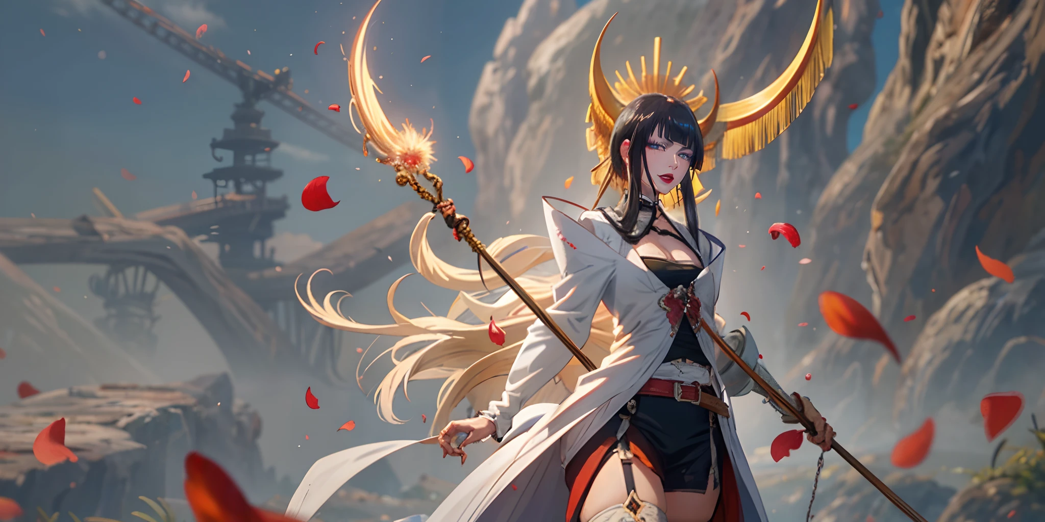 senjumaru shutara, (long hair, bangs, blunt bangs, black hair, sidelocks:1.5), (black eyes:1.5), makeup, lipstick, red lipstick, breasts, epic art, fantasy, petals, 1girl, breasts, chain, thighhighs, solo, rose_petals, armor, long_hair, staff, cleavage, holding, large_breasts, gauntlets, looking_at_viewer, holding_staff, glow effects, godrays, Hand drawn, render, 8k, octane render, cinema 4d, blender, dark, atmospheric 4k ultra detailed, cinematic, Sharp focus, big depth of field, Masterpiece, colors, 3d octane render, 4k, concept art, trending on artstation, hyperrealistic, Vivid colors, extremely detailed CG unity 8k wallpaper, trending on CGSociety, Intricate, High Detail, dramatic, anime coloring, anime screencap, steaming body, fog, heavy breathing, nsfw art,