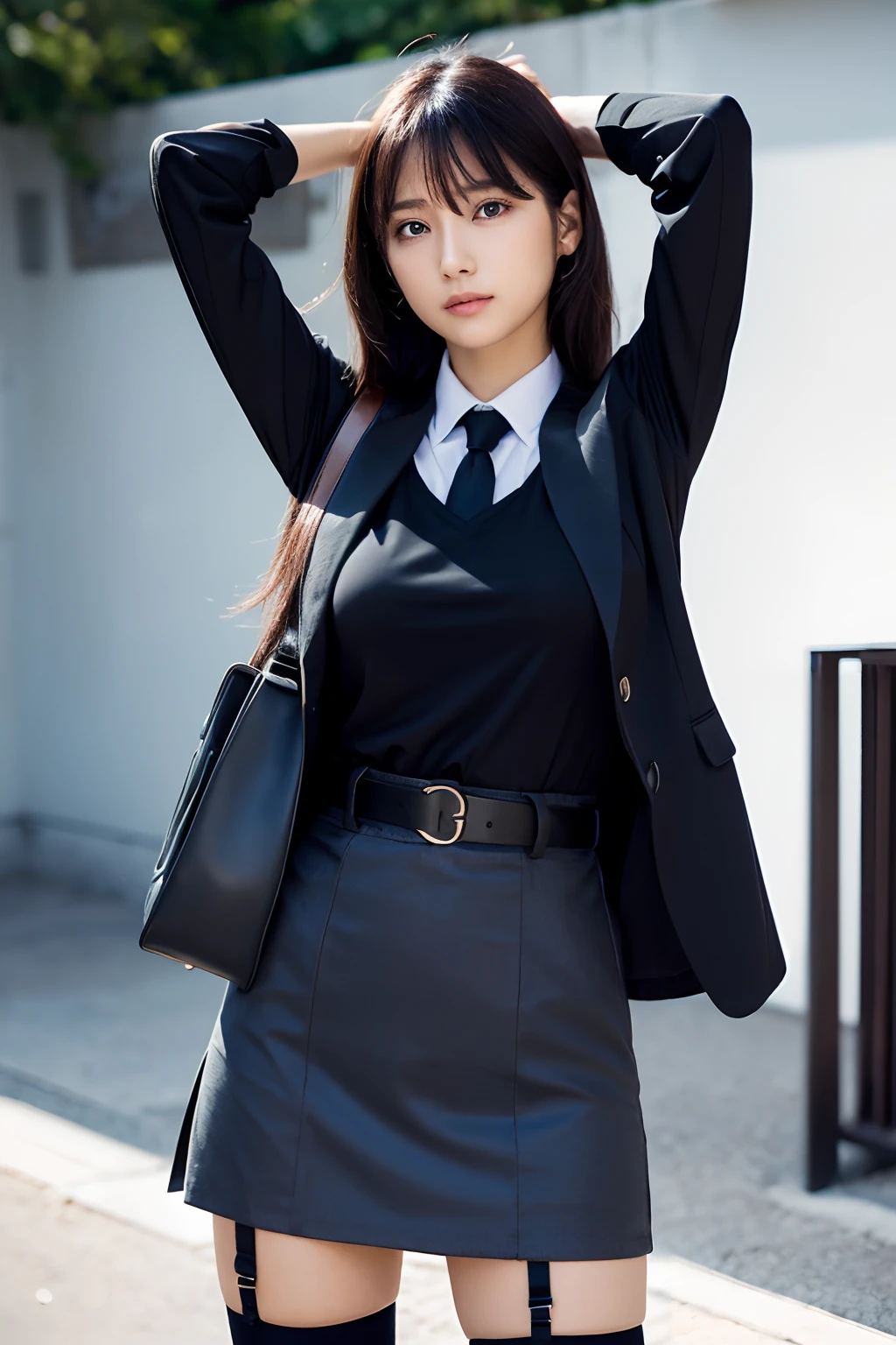 (masutepiece:1.2),High quality,vivd colour,flat-colors,Deep Depth Of Field,Lens Flare,1 girl,Black hair,eyecontact,Suit,Collared shirt,Belt bag,suspenders,Professional,Office Lady,Mature Women,Black mini skirt garterbelts knee high Stockings Black Niso Colorcon armpit sweat perspiring Side of both hands,Black jacket,Gaze,ample bosom,Armpit sweat,Exposing the armpits"Pichi Pichi clothes