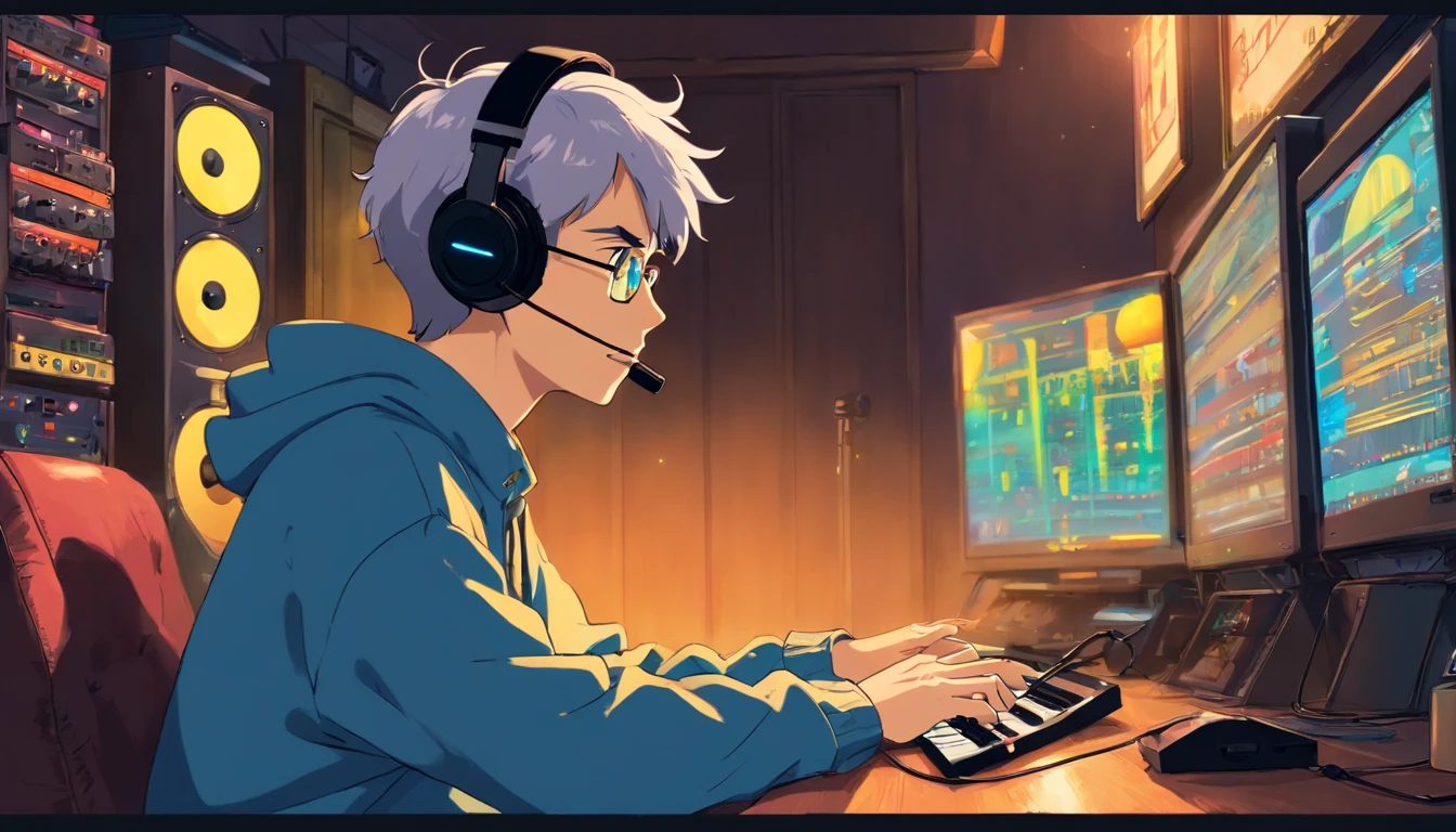 Photo of a man listening to music with headphones, text Why you, Super Detalhe, Retro wave, Cyberpunk, sad vibe, Night light through the window, Night vibrations, um quarto, 2D, (Longshot), tiro largo, (movie noise), DESENHO ANIMADO ANTIGO, (muitos recordes: 1.3), loja de discos de vinil, (master part, Very high quality, Very high quality, Arte Oficial, Beautiful and Aesthetic: 1.2), (Very detailed, (Arte Fractal: 1.4 ), acoustic guitar, (annotations: 1.4), (hip-hop lo-fi), side view, textura de anime antiga, soio, Altifalante, Cyberpunk, vinil, Noite