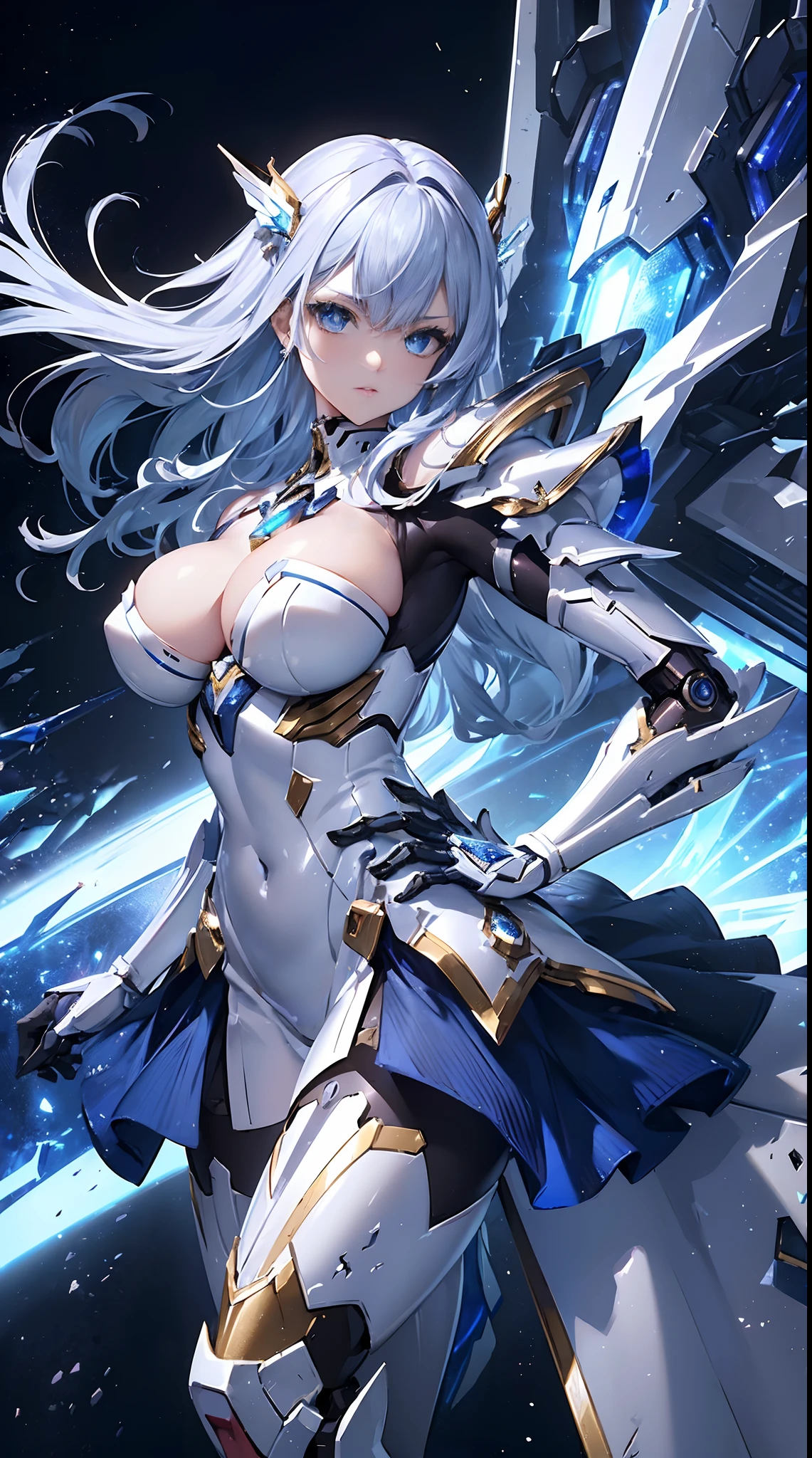 ((Masterpiece)), ((highest quality)), (Ultra High Resolution), super fine illustration, highly detailed face, raw photo, professional, ultra-fine painting, detailed metal texture, detailed cloth texture, sexy, real, (Solo), ((Mecha Angel Dressed woman)), Beautiful breasts, Concept art, (Battle pose), Detailed fantasy art, (Silver hair), ((Has large sapphire blue mech wings)), (detailed beautiful eyes:1.6), (Robot:1.2)Sleek and menacing Design, (action pose), (Pearl white and sapphire blue Hi-νGundam armor dress for Marshal), starry sky, perfect anatomy
