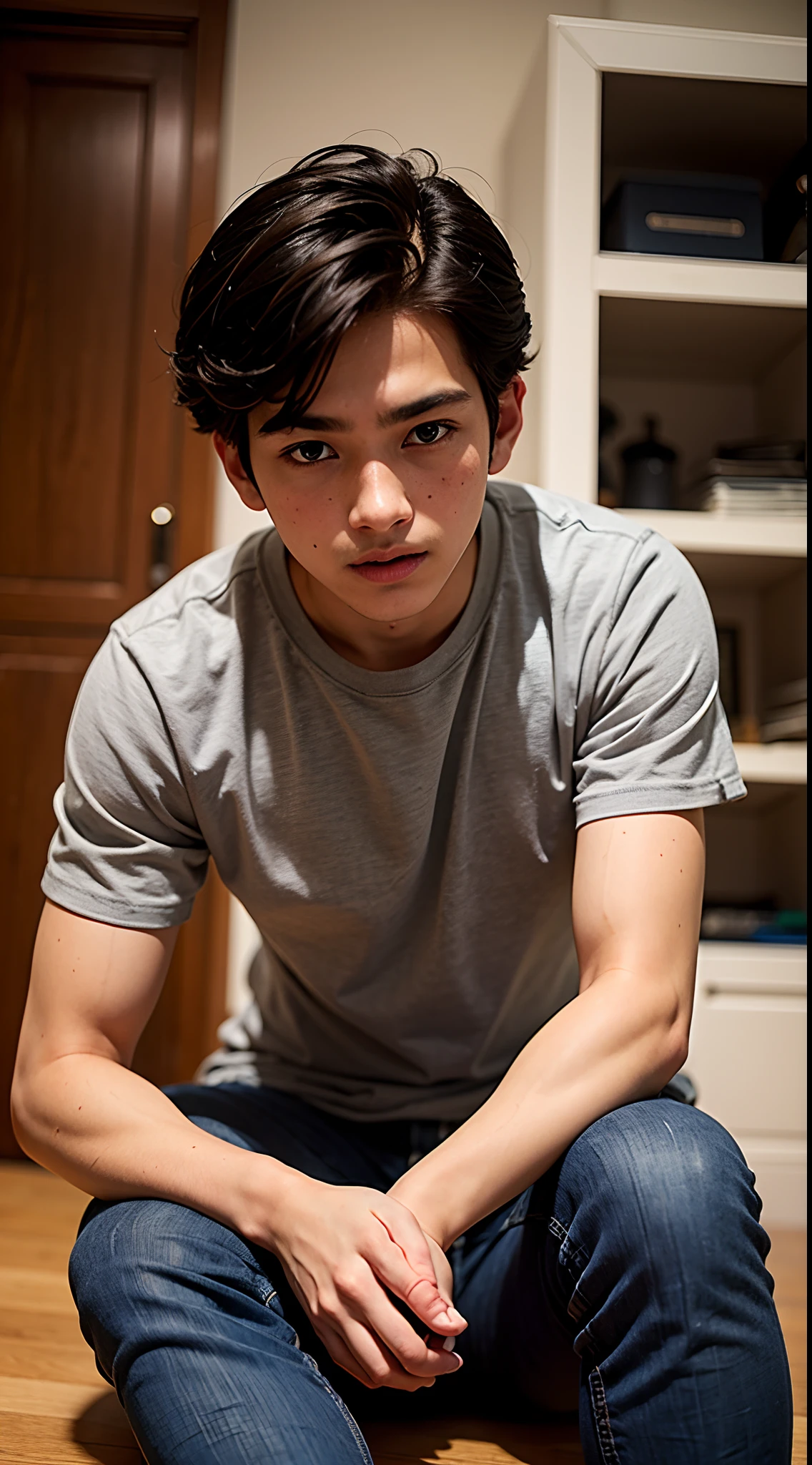 man, , teenager, Half Thai-Greek, Amber Eyes, dark hair, Wear a gray T-shirt., Wear jeans.