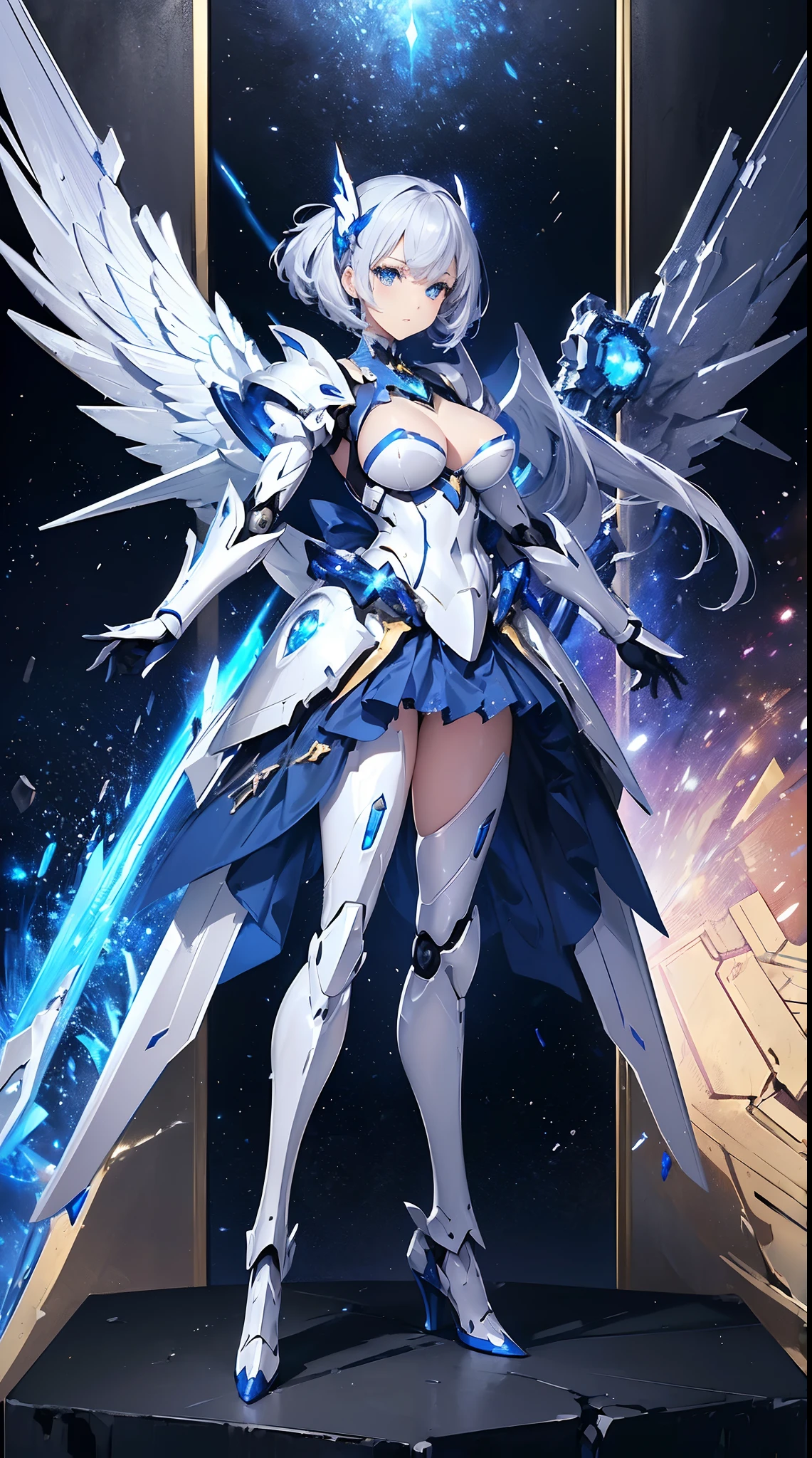 ((Masterpiece)), ((highest quality)), (Ultra High Resolution), super fine illustration, highly detailed face, raw photo, professional, ultra-fine painting, detailed metal texture, detailed cloth texture, sexy, real, (Solo), ((Mecha Angel Dressed woman)), Beautiful breasts, Concept art, (Battle pose), Detailed fantasy art, (Silver hair), ((Has large sapphire blue mech wings)), (detailed beautiful eyes:1.6), (Robot:1.2)Sleek and menacing Design, (action pose), (Pearl white and sapphire blue Hi-νGundam armor dress for Marshal), starry sky, perfect anatomy
