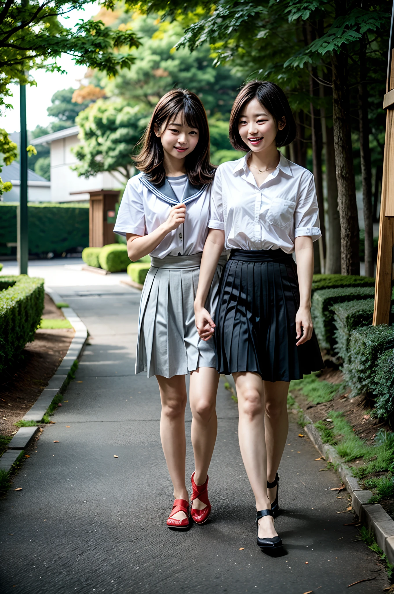 ​masterpiece, top-quality、Raw foto, Photorealsitic、I have two girls who are 12 years old、Walk while having a pleasant conversation、A smile、Blonde with short bob and long black hair、Japanese Junior High School Girl、a sailor suit、Knee-length skirt、校服、nogizaka、Smaller chest、unbelievable Ridiculous、depth of fields, hight resolution, ultra-detailliert, foco nítido, Cinematic lighting