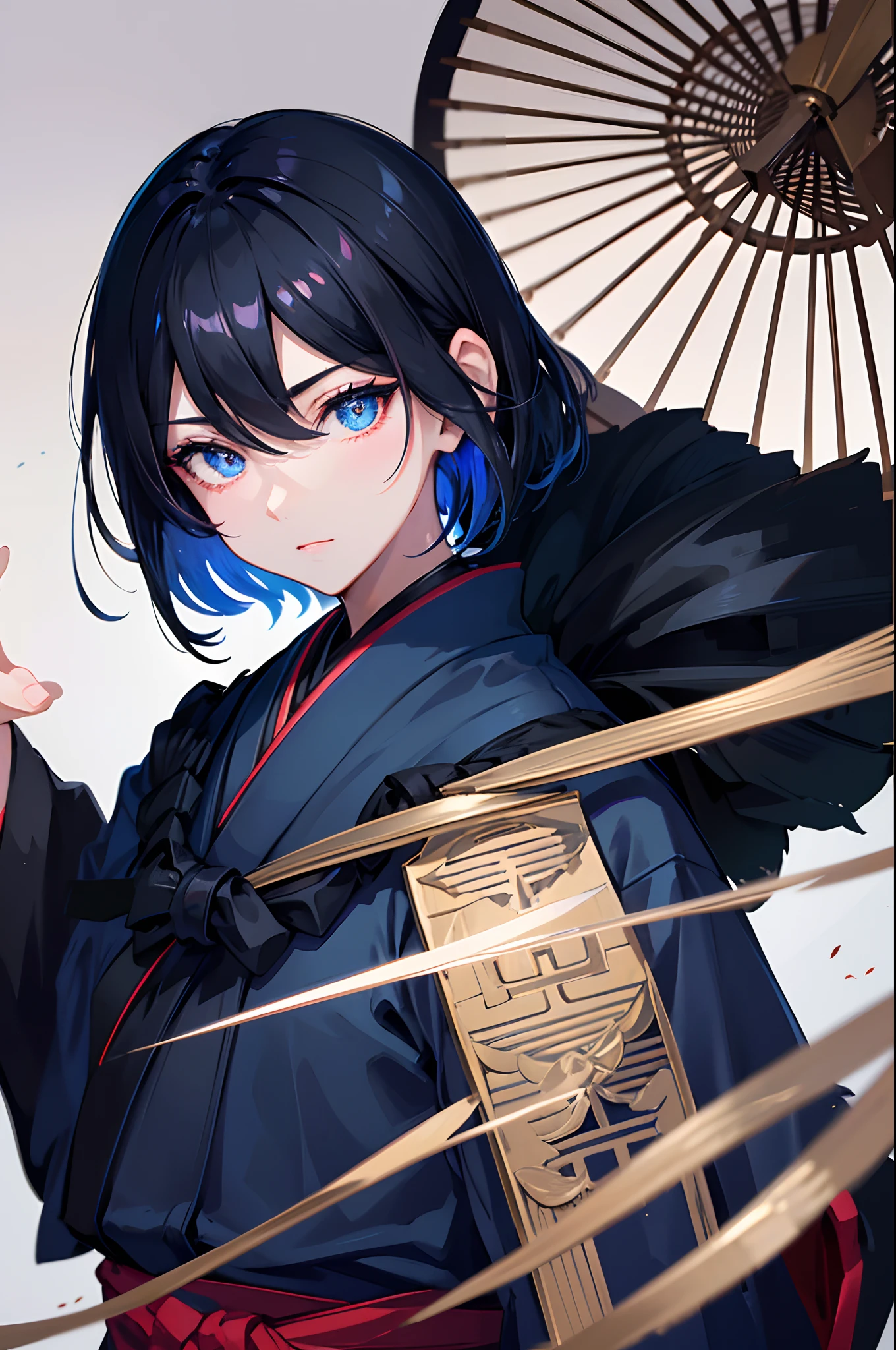 Black short hair blue eyess male people (ember) Hakama Very short hair Japanese houses masterpiece Top image quality Clear Parts Cinematic Shadows Increased attractiveness of the eyes Clear the shine of the eyes Draw eyelashes neatly Perfect Eye A detailed eye Sharpen image quality Sharpen eye writing Clear eye shape