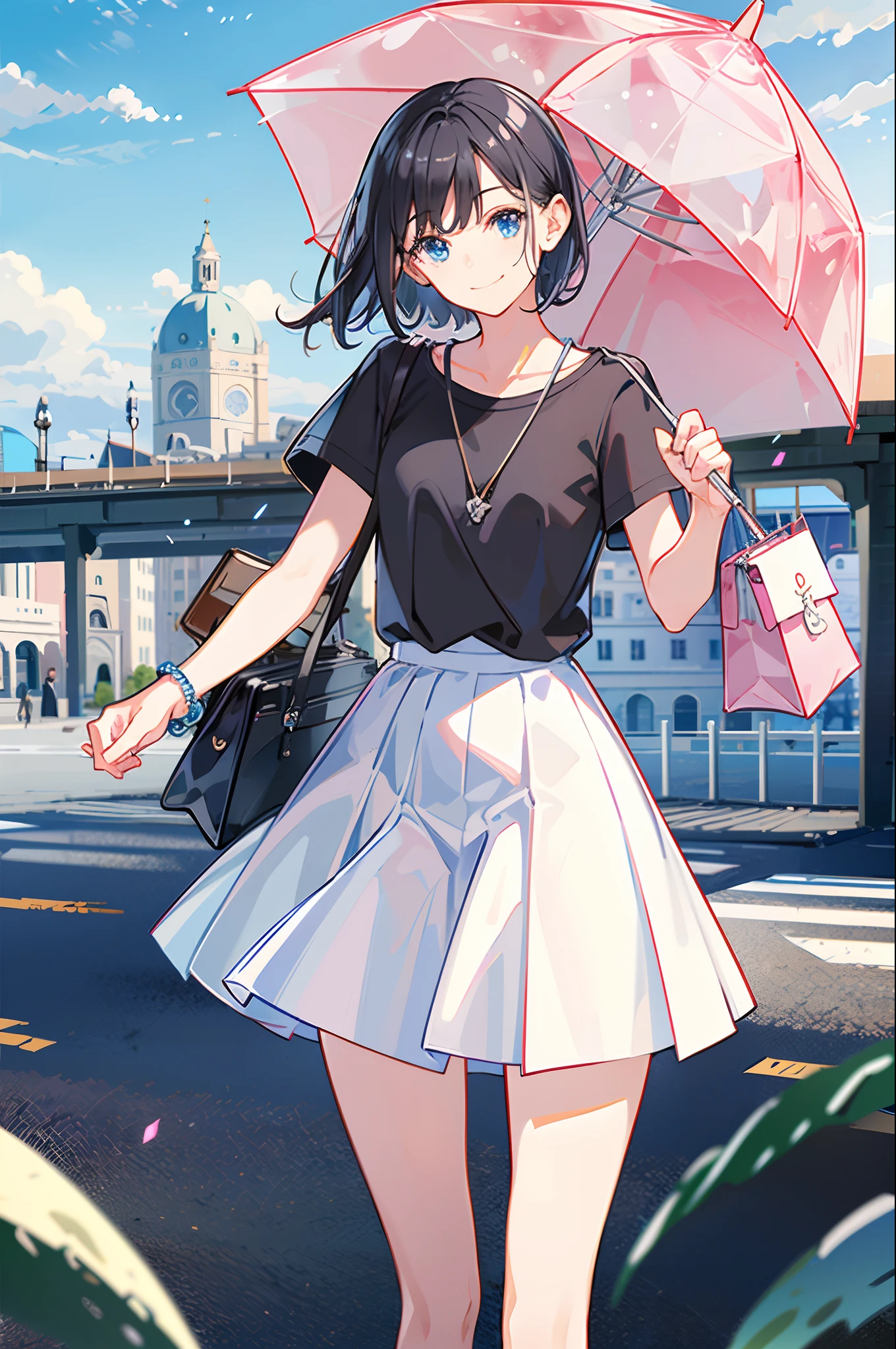 ,(Masterpiece:1.2, high quality), (pixiv:1.4),TIV,
1girl, transparent, umbrella, skirt, sky, solo, holding, black hair, outdoors, bag, cloud, looking at viewer, shirt, short hair, holding umbrella, white skirt, bangs, transparent umbrella, railing, jewelry, short sleeves, closed mouth, blue eyes, teruterubouzu, jacket, blue sky, blurry, black shirt, standing, cloudy sky, smile, collarbone, blush, depth of field, day, open clothes, bracelet, pink jacket, bridge, cowboy shot