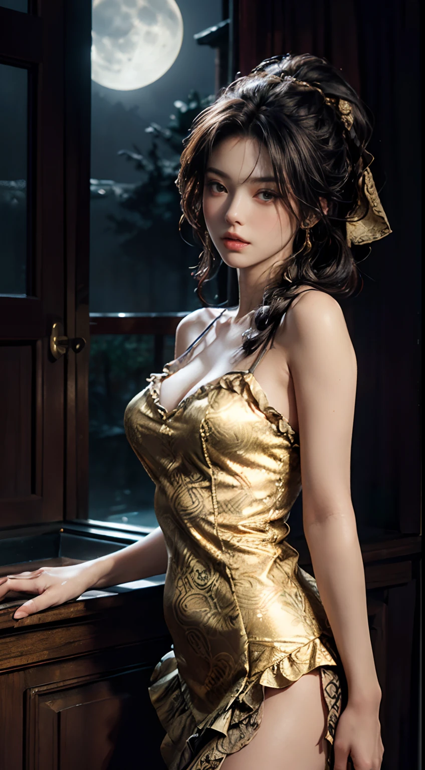 The art depicts an attractive woman dressed in a flowing silky traditional black long camisole, black, decorated with intricate patterns and bright colors. Her black corset dress drapes elegantly over her curvaceous figure, emphasizing her seductive silhouette. ((The front part of the dress is intricately embroidered with large gold)), (((The chest is ruffled a lot)), ((Long camisole)), she stood gracefully on a quiet moonlit night, bathed in the soft light of the moonlight. The scene exudes an ethereal and dreamy atmosphere with a mysterious and sexy touch. The graphic style blends watercolor and digital illustration techniques to evoke sophisticated beauty and charm. The lights are filled with soft moonlight, casting soft highlights and shadows on her charming features. Wearing a tight translucent long dress, large breasts, three-dimensional facial features, (standing), upturned legs, 8k, RAW photo, highest quality, (black and long braid ponytail), high resolution, high quality photo, complex, (exposed breasts, cleavage), black lace shoulder rest, ((body facing right)), (body portrait), (see here)),