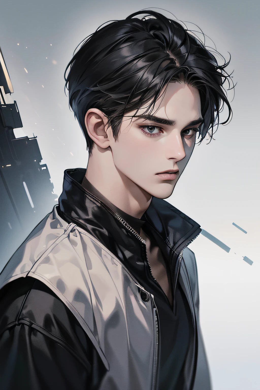 (best quality digital art digital illustration 4k high resolution beautiful image hyper-detailed image perfect lines soft lighting night environment soft zoom perfect face) (1:1 photorealistic) (neutral colors hdr 1.4) an adult 25 year old man (expressionless black eyes) hair medium black modern clothes dystopia