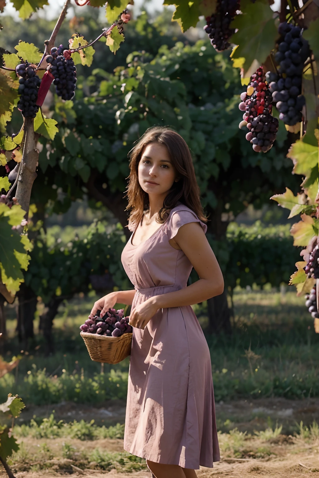 A beautiful 30-year-old farmer woman picking grapes, standing posture, wearing a mideval era dress, feminine form, lot of grapes in veins, morning light