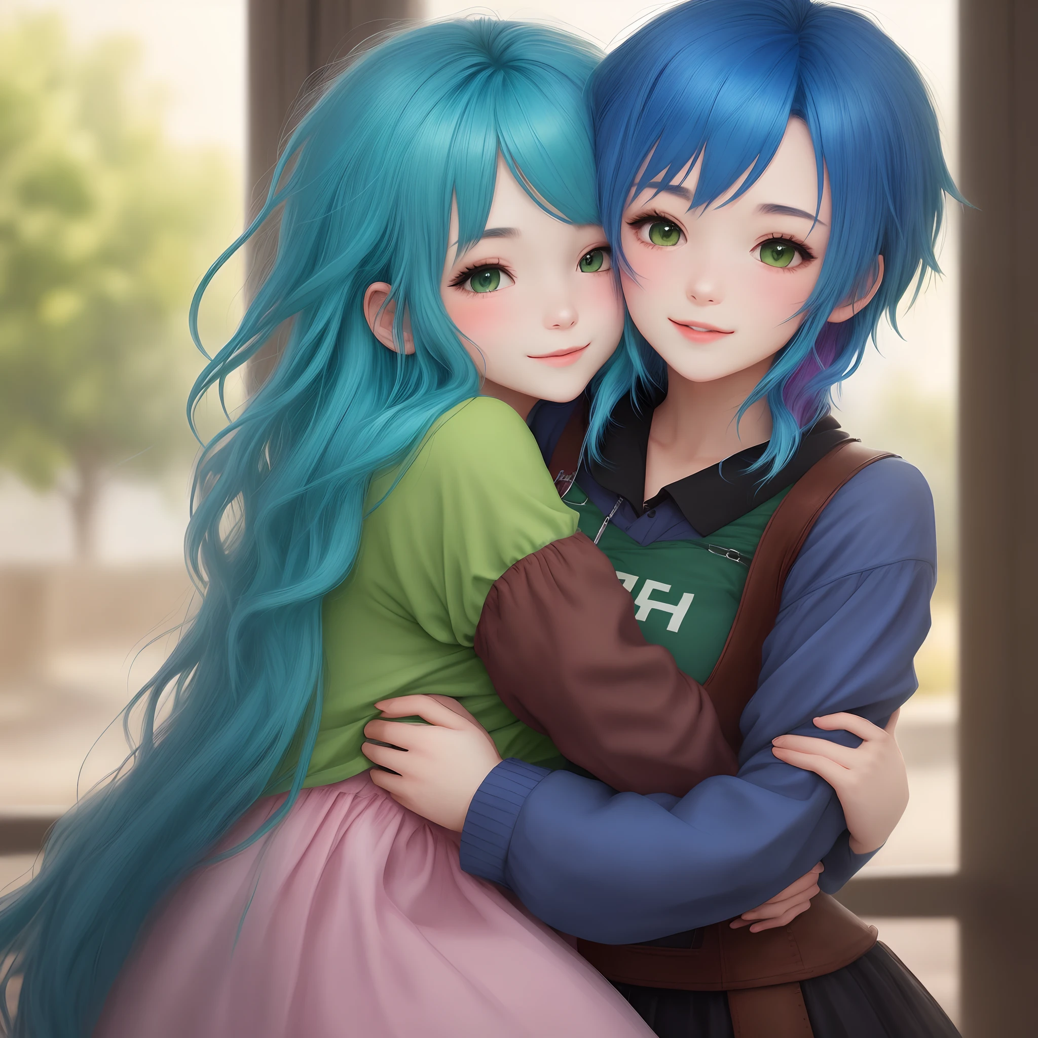 Blue Haired Girl Hugging Green Haired Girl.