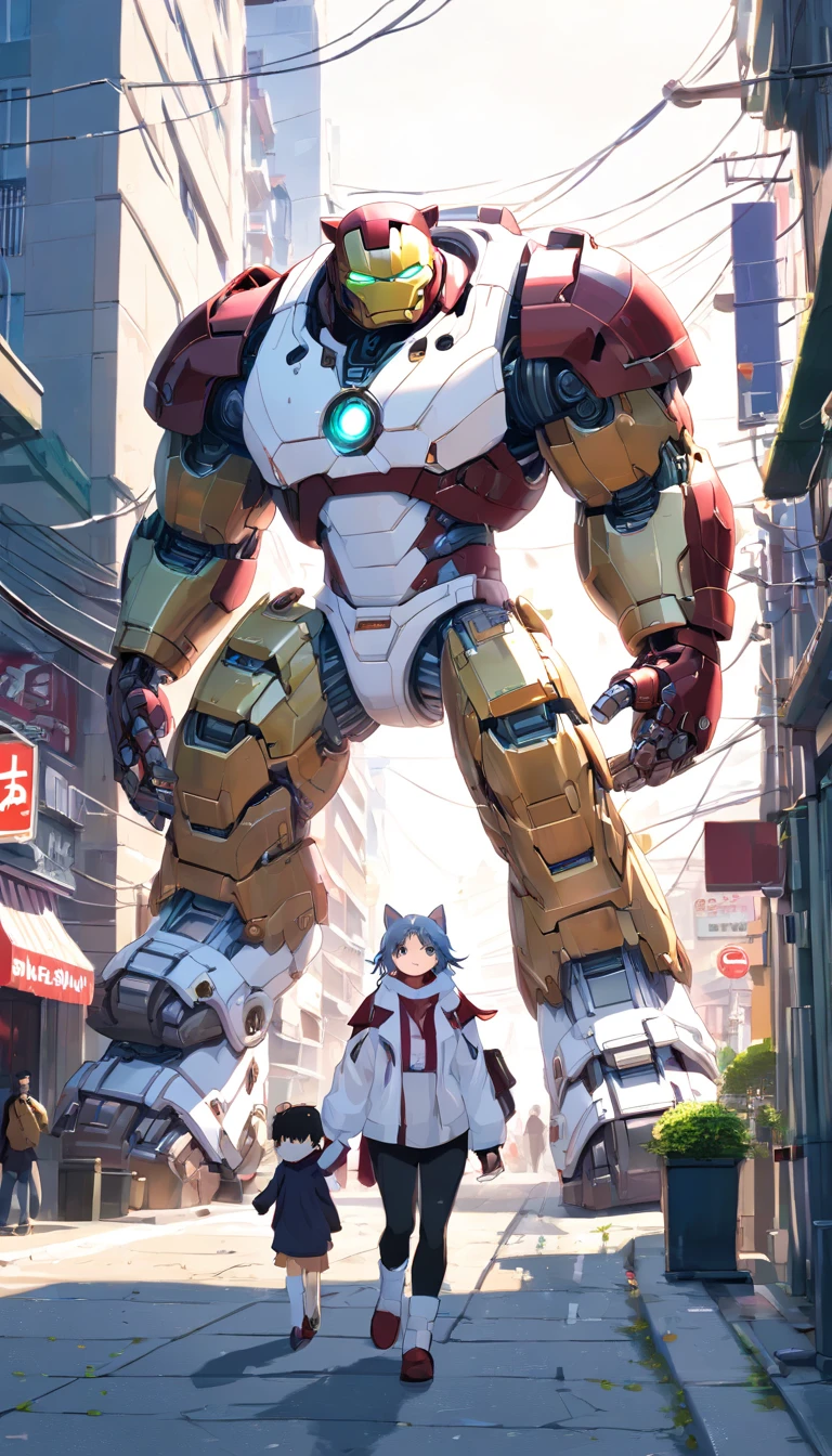 (((Giant Cat Robotic Mecca Inspired by Hulkbuster, white color: 1.5))) (Blind box toy style:1.2), (full body shot), a cute transparent robot cat in street, Mech transparent, glasses:1.2, Cyberpunk, dreamy glow, luminous neon lights, clean, white background, (Global Illumination, Ray Traching, HDR, unrealistic rendering, reasonable design, high detail, master piece, best quality, hyper HD, cinematic lighting)