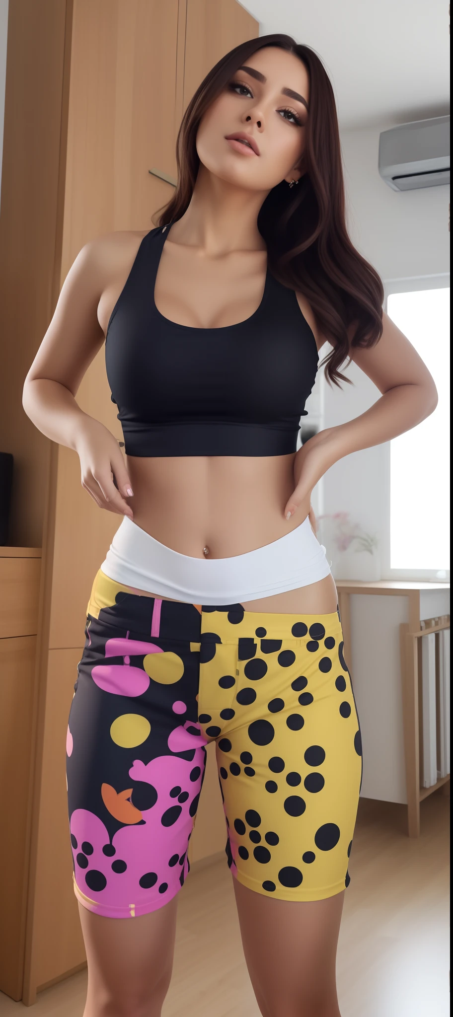 Woman in a black top and colorful shorts standing in a room, usando um top cropped sexy, her navel is exposed, revelando roupas, olhar sexy, corpo sensual com barriga sexy, umbigo mostrando, tocando suas roupas, ela tem uma barriga redonda gorda e agitada, tiny waist, roupa muito sexy, tiro do meio cintura para cima