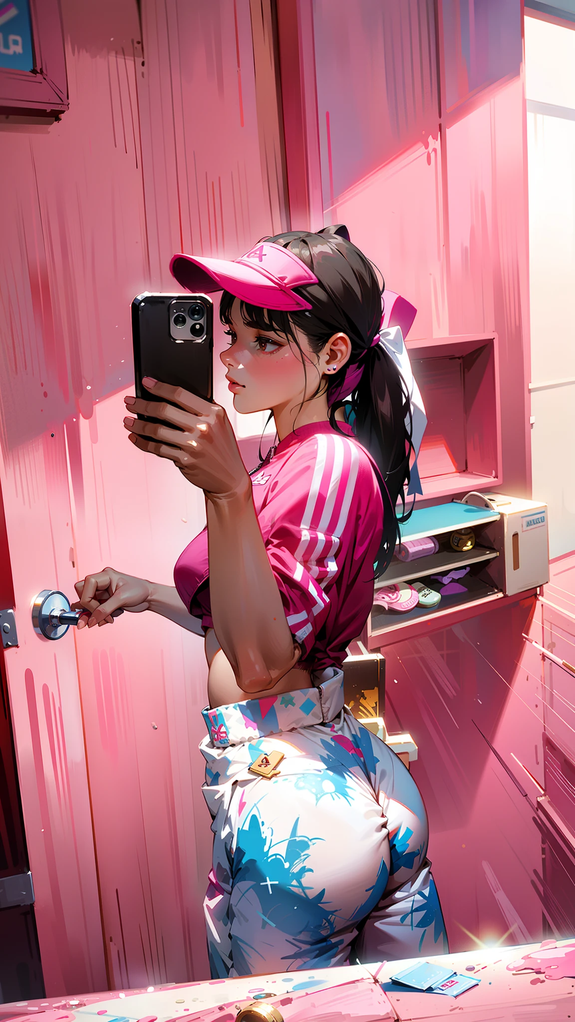 Woman taking a selfie in a mirror in a pink gym suit, 18 years old, 21 years old, athlete, 2 female model of 4 years, with Adidas clothes, Dua Lipa, Cottagecore!! fitness body, inspired by Ion Andreescu, beer madison, 2 2 years, 19 year old girl, profile picture