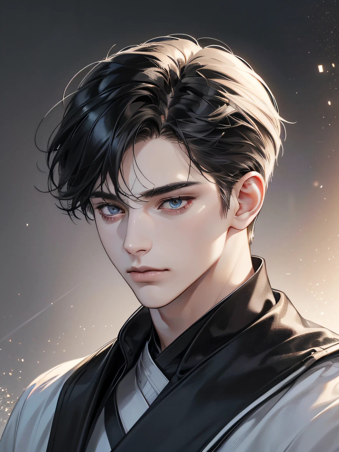 (best quality digital art digital illustration 4k high resolution beautiful image hyper-detailed image perfect lines soft lighting night environment soft zoom perfect face) (1:1 photorealistic) (neutral colors hdr 1.4) an adult 25 year old man (melancholic expression) very beautiful eyes black medium black hair modern clothes (blurred background) dystopia
