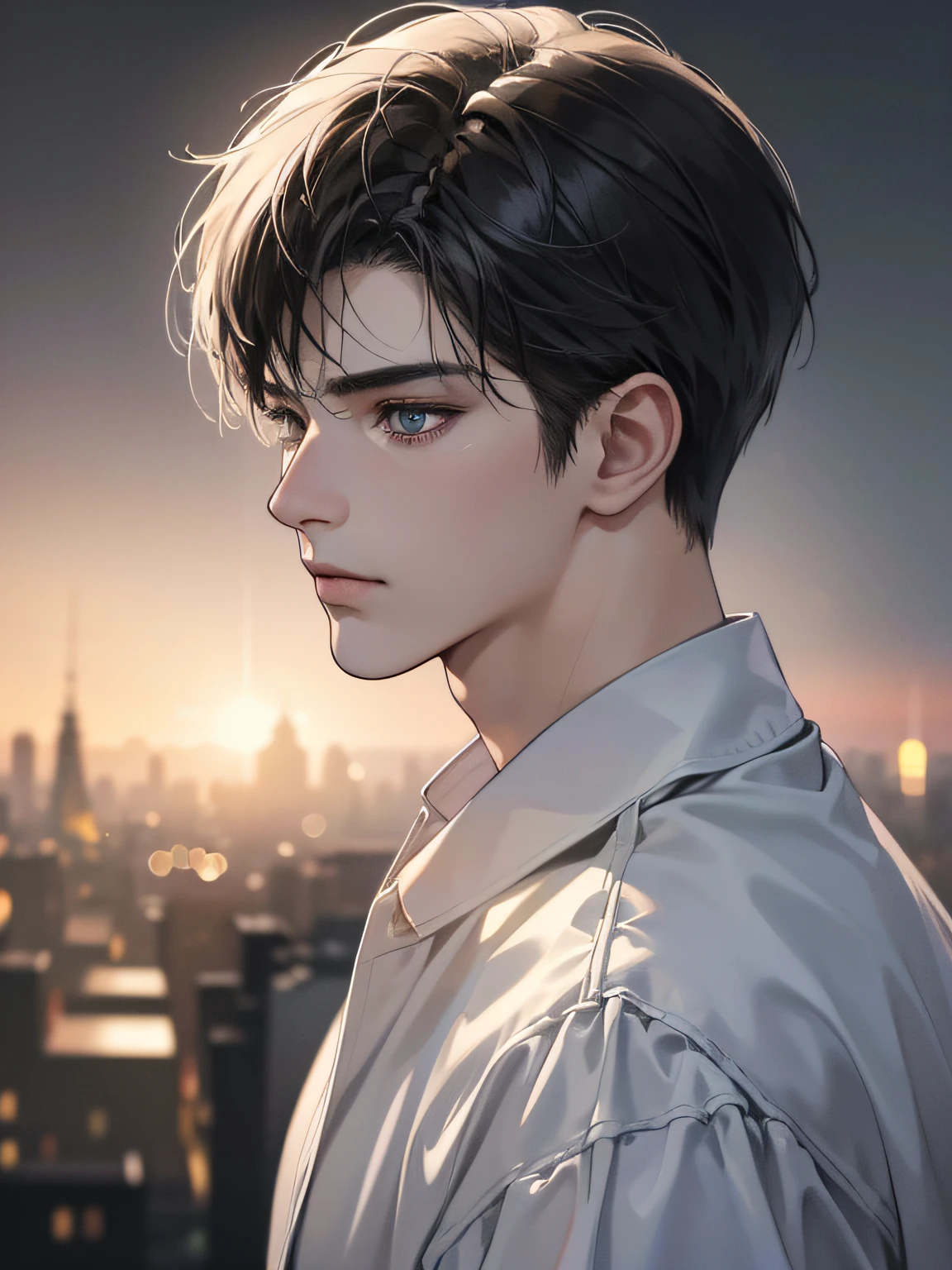 (best quality digital art digital illustration 4k high resolution beautiful image hyper-detailed image perfect lines soft lighting night environment soft zoom perfect face) (1:1 photorealistic) (neutral colors hdr 1.4) an adult 25 year old man (melancholic expression) very beautiful eyes black medium black hair modern clothes (blurred background) dystopia