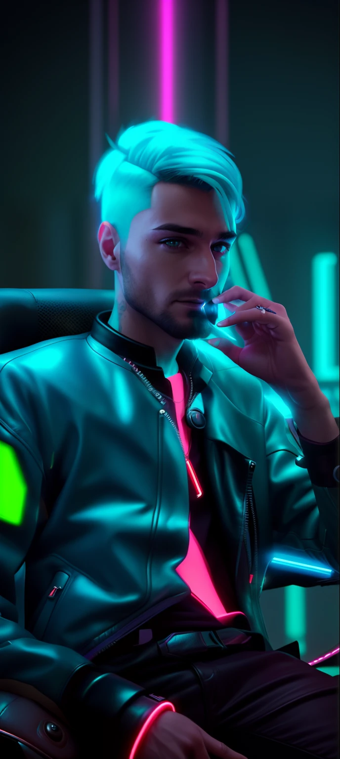 there is a man sitting in a chair with a flashlight in his hand, cyberpunk with neon lighting, cyberpunk lighting, in cyberpunk style, wearing cyberpunk leather jacket, cyberpunk photo, in a cyberpunk setting, hyper-realistic cyberpunk style, cyberpunk vibe, cyberpunk style ， hyperrealistic, cyber punk setting, portrait of a cyberpunk man, cyberpunk dude, cyberpunk wearing