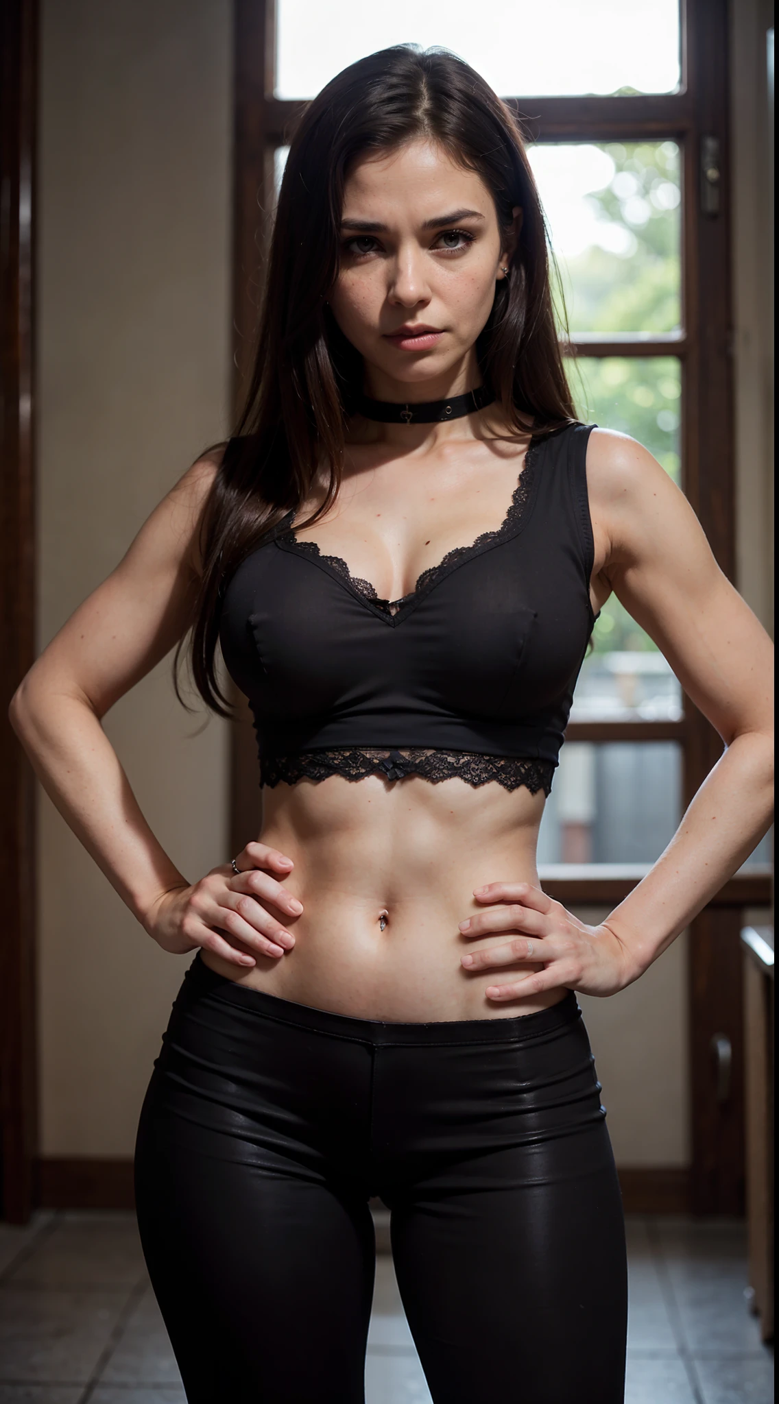 (photo portrait:1.0), (a woman wearing bra), brown hair, dark eyes, hand on hip, ((((sadestic woman, upper body, dominant, cruel, sleeveless))))