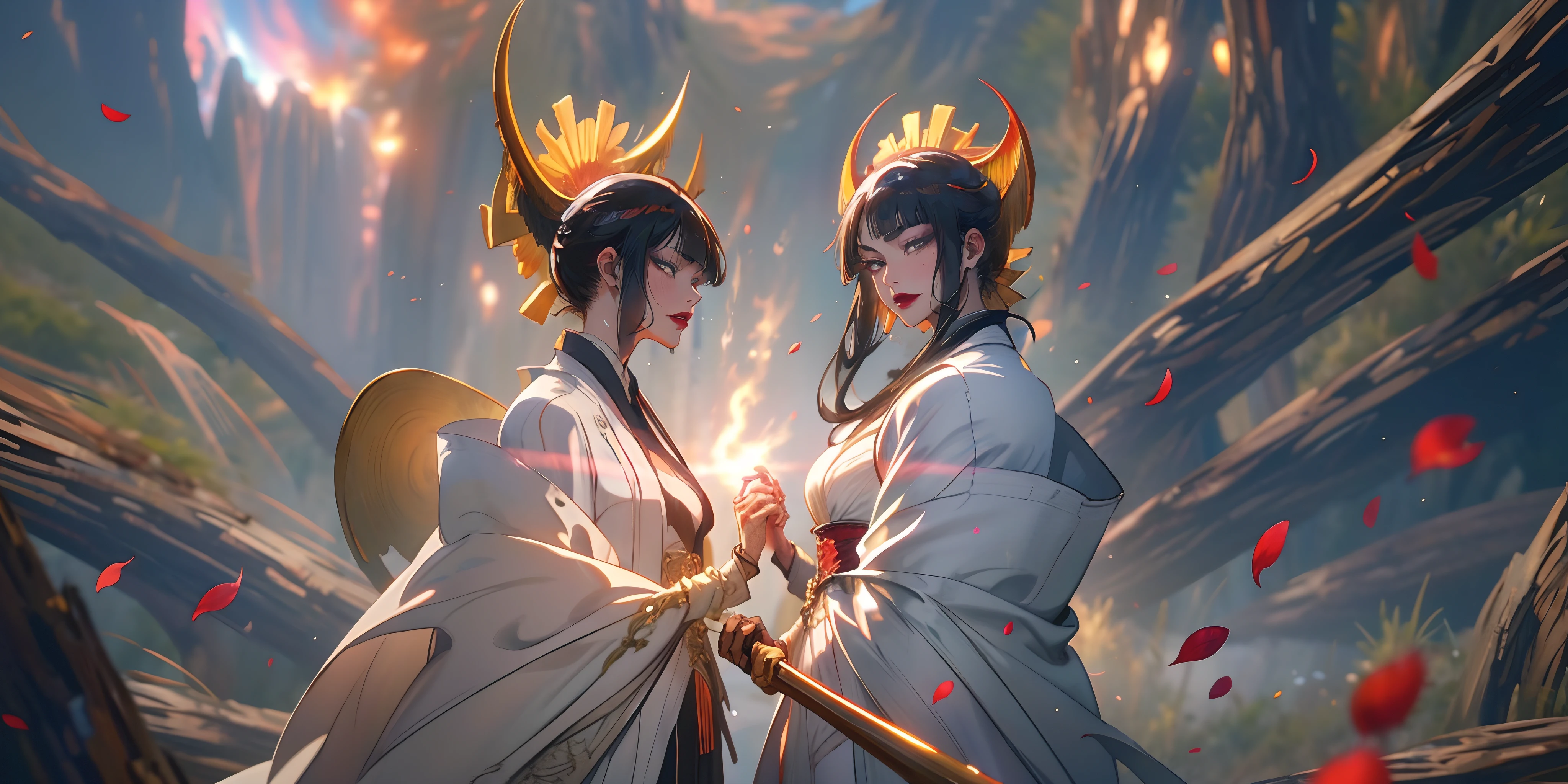 senjumaru shutara, (long hair, bangs, blunt bangs, black hair, sidelocks:1.5), (black eyes:1.5), makeup, lipstick, red lipstick, breasts, epic art, fantasy, petals, 1girl, breasts, chain, thighhighs, solo, rose_petals, armor, long_hair, staff, cleavage, holding, large_breasts, gauntlets, looking_at_viewer, holding_staff, glow effects, godrays, Hand drawn, render, 8k, octane render, cinema 4d, blender, dark, atmospheric 4k ultra detailed, cinematic, Sharp focus, big depth of field, Masterpiece, colors, 3d octane render, 4k, concept art, trending on artstation, hyperrealistic, Vivid colors, extremely detailed CG unity 8k wallpaper, trending on CGSociety, Intricate, High Detail, dramatic, anime coloring, anime screencap, steaming body, fog, heavy breathing, nsfw art,