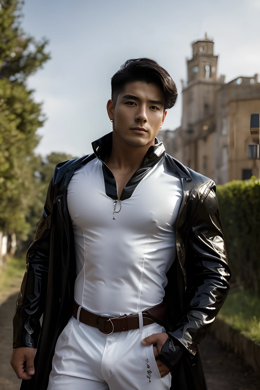 realista, Obra maestra, Detalles intrincados, Antecedentes detallados, Profundidad de campo, muscular, Foto de un guapo (Young Korean man looking like a K-pop idol), 20yo, Shirt with latex collar, shiny latex, Postura de lucha, dynamic pose, andante, Tangas, Retrato de cuerpo entero, botas negras, sosteniendo un arco, con flechas en la espalda, en la calle de una ciudad medieval, (pelo blanco corto), Tiene un toque de misterio y magia, nubes oscuras, And lightning falling to the ground. entrepierna voluptuosa, piel blanca, palido,