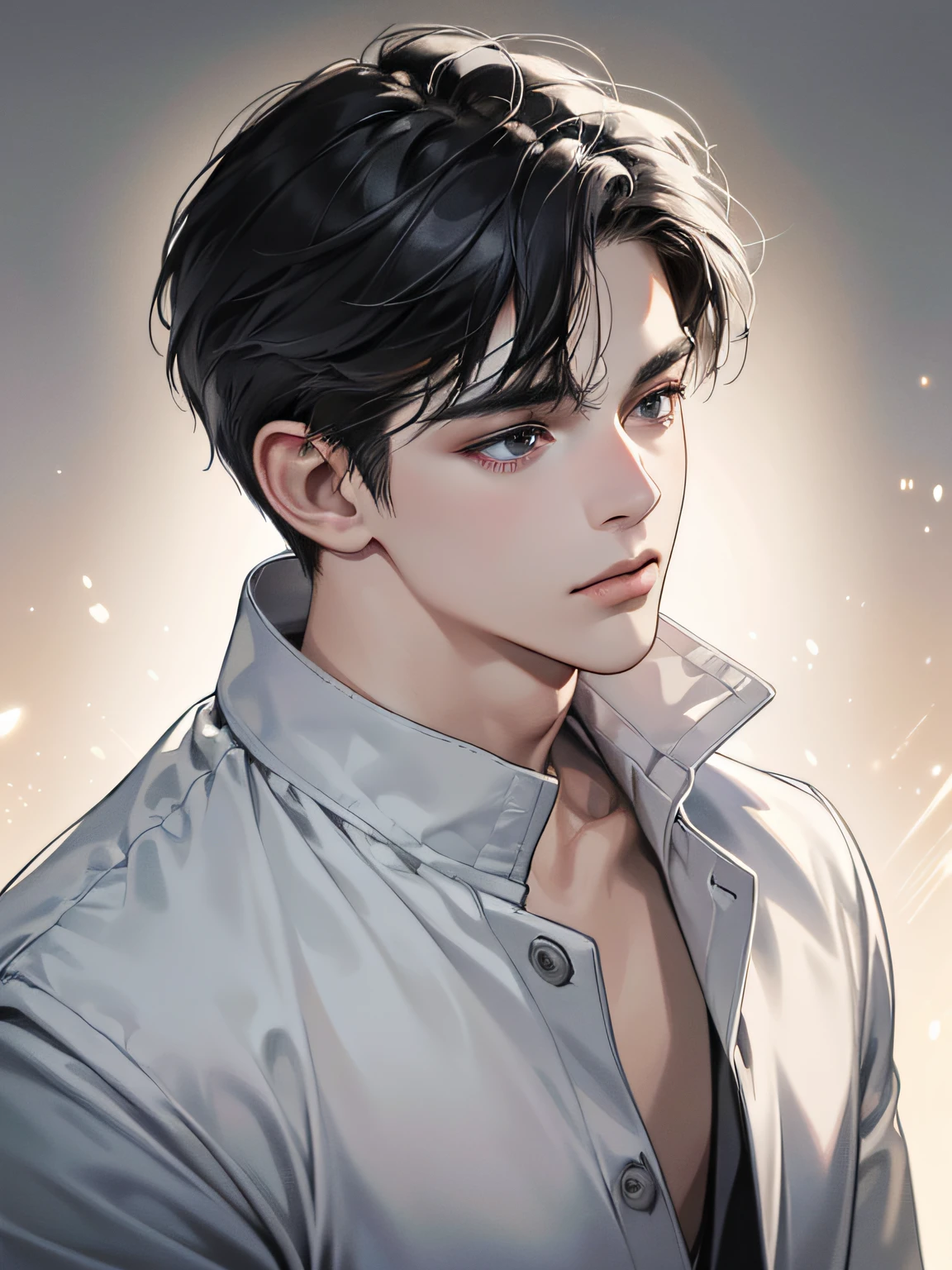 (best quality digital art digital illustration 4k high resolution beautiful image hyper-detailed image perfect lines soft lighting night environment focus face soft zoom) (1:1 photorealistic) (neutral colors hdr 1.4) a young adult man (thoughtful expression) black and white modern clothes black eyes medium black hair