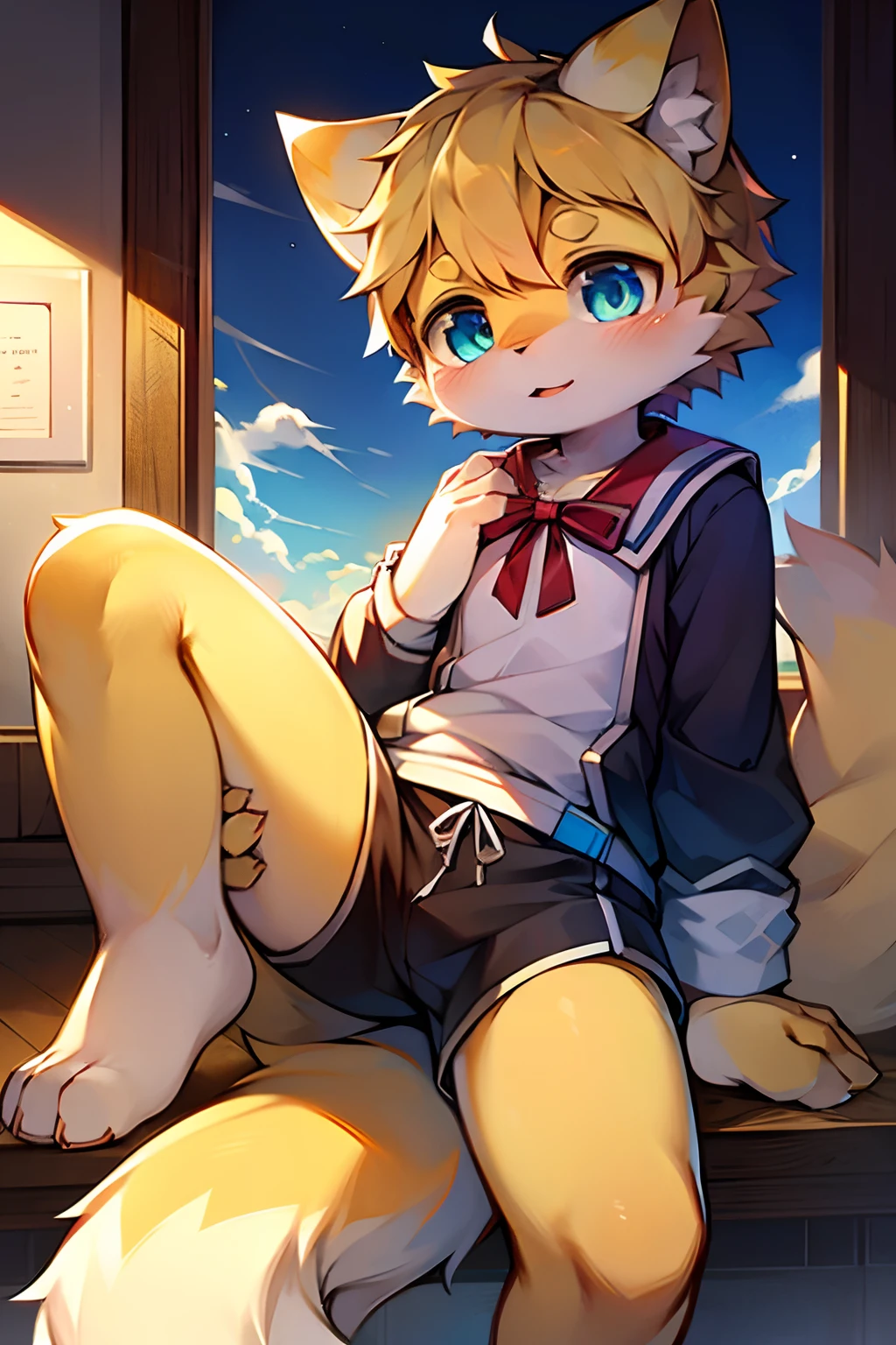 Blue pupils, Light yellow fluffy body, Light yellow furry tail, Boy cat,Exquisite wallpapers,Very cute,The popular style of the P station,One role solo,Light yellow cute fluffy little long legs,Shotai style,Blushlush,intricate detailed clothes,The intersection point is on the leg