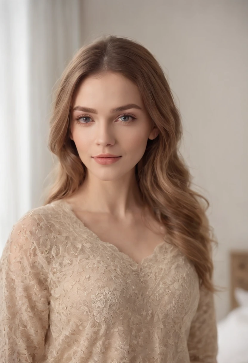Belle brune aux reflets blonds portant un pull beige (dans une chambre), Very detailed, 24 ans, visage innocent, natural wavy hair, yeux bleus, High resolution, masterpiece, Best quality, intricate high detail, highly detailed, mise au point nette, detailed skin, realistic skin texture, texture, detailled eyes, professionnel, 4K, sourire charmant, filmed on Canon, 85 mm, faible profondeur de champ,  Couleur Kodak Vision, perfect fit body, Extremely detailed, photographier_\(ultra\), photoreallistic, Realstic, Post-traitement, Maximum details, roughness, real life, ultra realist, photorealism, photographie, 8K UHD, photographie