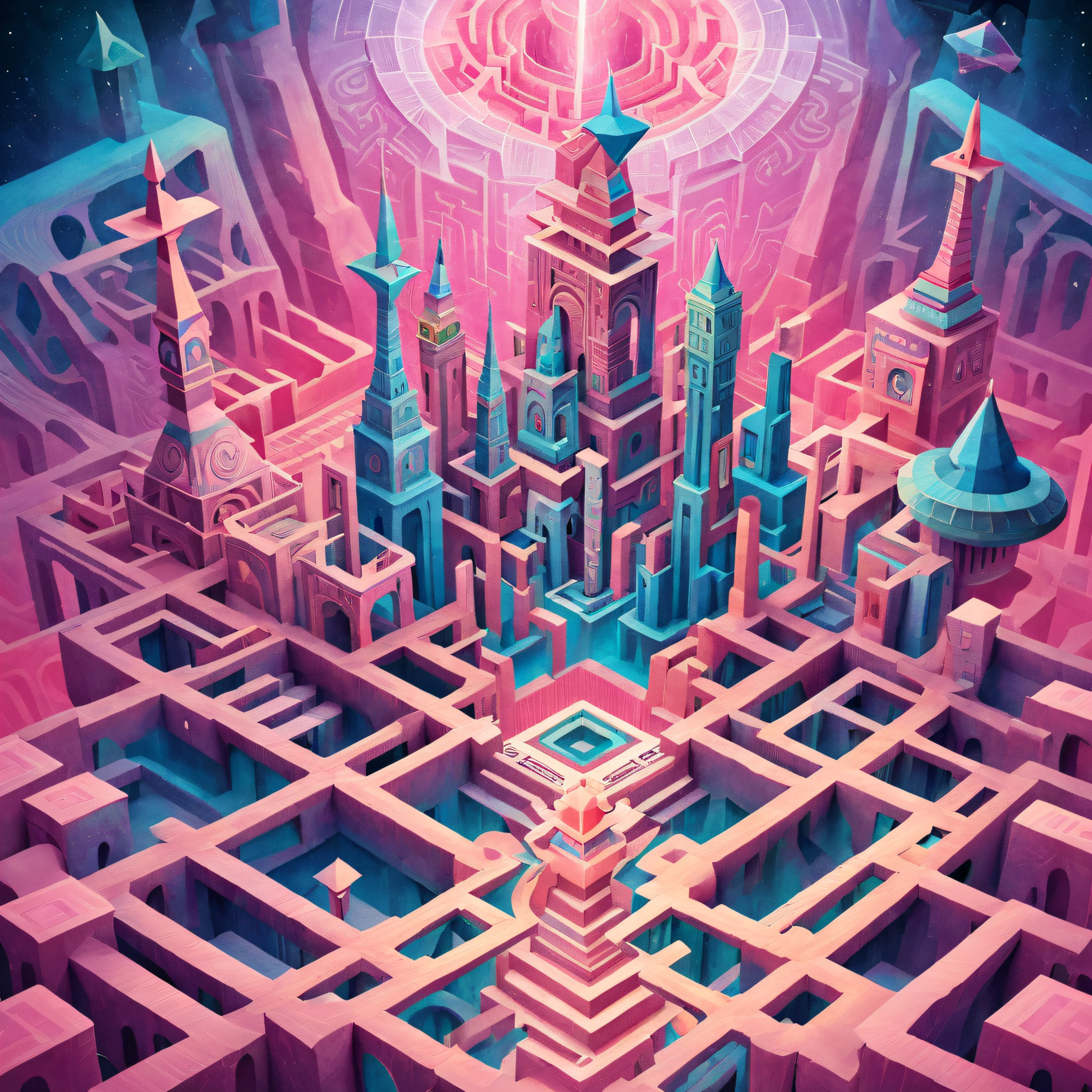 monument valley，Labyrinth of magical castles，Lost treasures，Geometric space，Unordered regular three-dimensional pattern，Ancient totem poles，Tall monument，Intricate staircase,Pink space，geomerty，Paradox geometry,