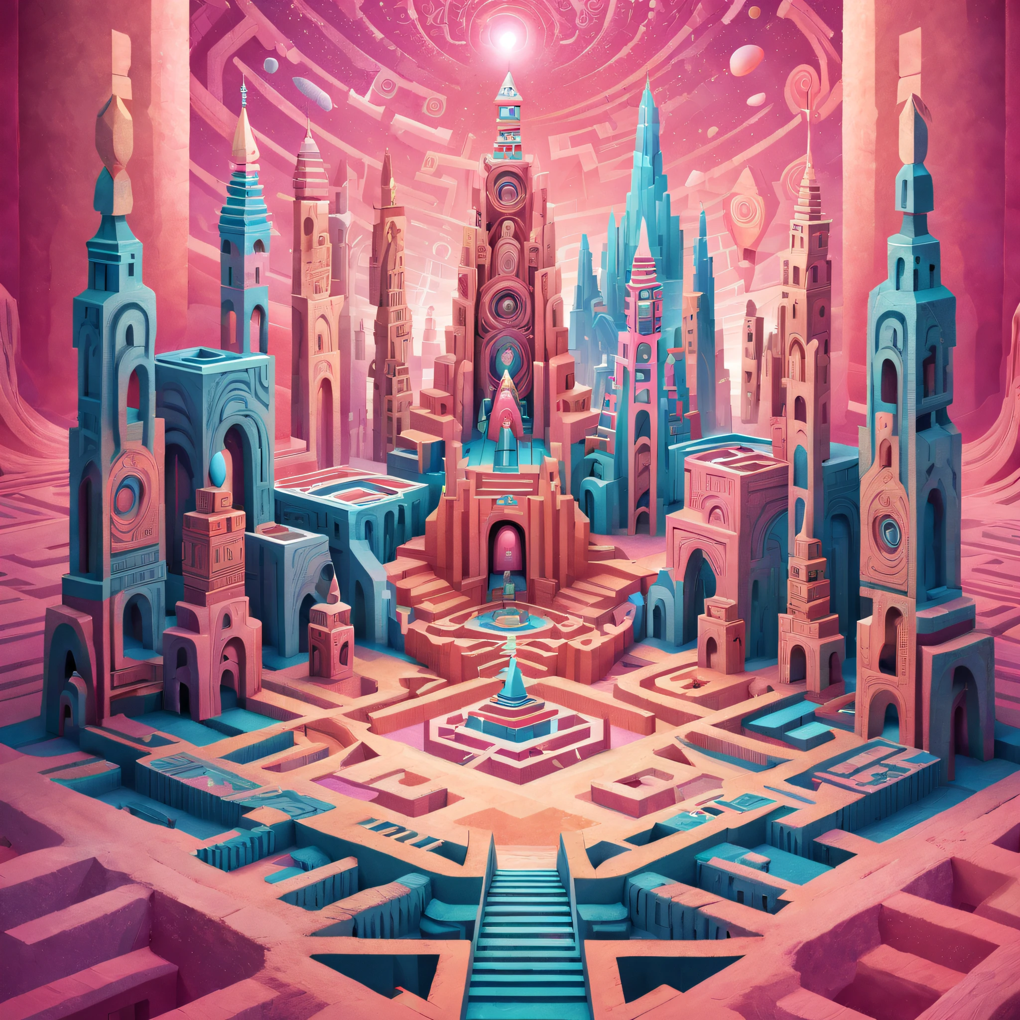 monument valley，Labyrinth of magical castles，Lost treasures，Geometric space，Unordered regular three-dimensional pattern，Ancient totem poles，Tall monument，Intricate staircase,Pink space，geomerty，Paradox geometry,