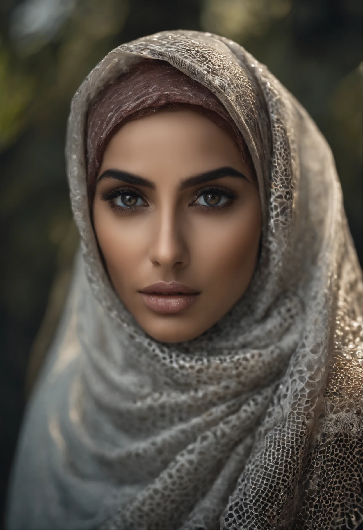 Subject: "Hidden Complexities Beneath the Veil" Style: Photorealism, 8k, DOF Description: Visualize a stunning woman in a hijab, but beneath the surface, reveal intricate trypophobia patterns that are only noticeable upon closer inspection. Achieve a balance between beauty and unsettling complexity.
