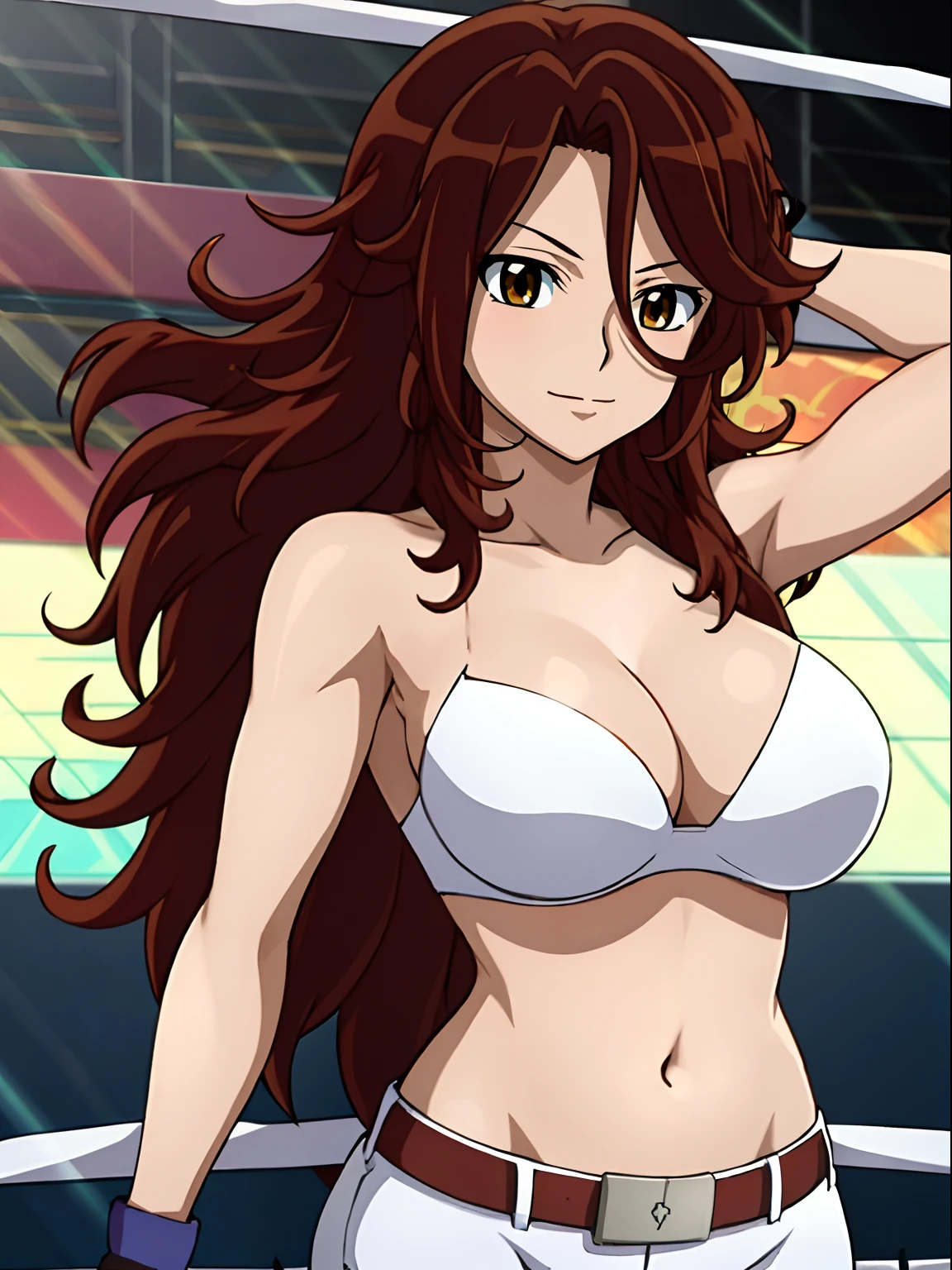 ((solo)), Best Quality, hires, curvy midsection, strong woman, female wrestler, smile, happy), upper body only, anime style: 1.8, anime drawing, ultra detailed face, ultra detailed body, 4k, Sumergai Lee Noriega, (standing), best quality, anime style, hires, highest definition, digital blending, bold drawing lines, (((White Background))), ( pro female wrestler, long attractive belly, slim body, (strong arm muscles), broad shoulders , off-shoulders, closed fists, (very curvy: 2.8)), (strapless, shorts, white gloves, arm band, arm band, (champion belt))), (pale skin, big breasts, closed mouth), (big eyes, brown eyes, shiny eyes), (reddish hair, loose hair, curly hair, wavy hair, long hair, missy hair), 27 years old