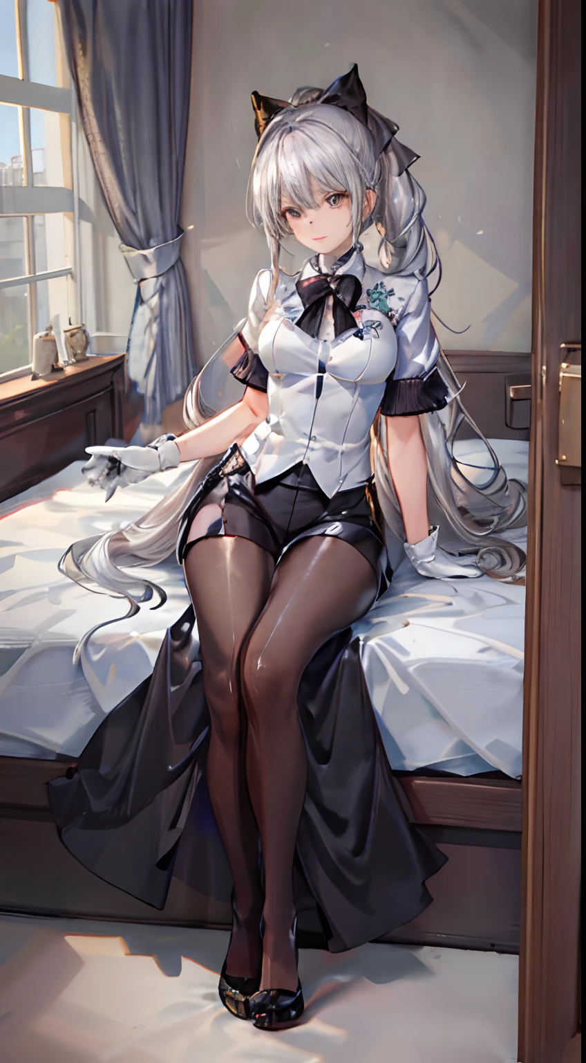 1 girl)), ray tracing, (dim lighting), [detailed background (bedroom)), ((silver hair)), ((silver hair)), (fluffy silver hair, plump and slim girl)) with high ponytail))) Avoid blonde eyes in the ominous bedroom (((girl wears intricately embroidered black high-waisted pants with pantyhose) and white ruffled bow gloves), showing a delicate slim figure and graceful curves, correct limbs, sitting on the bed